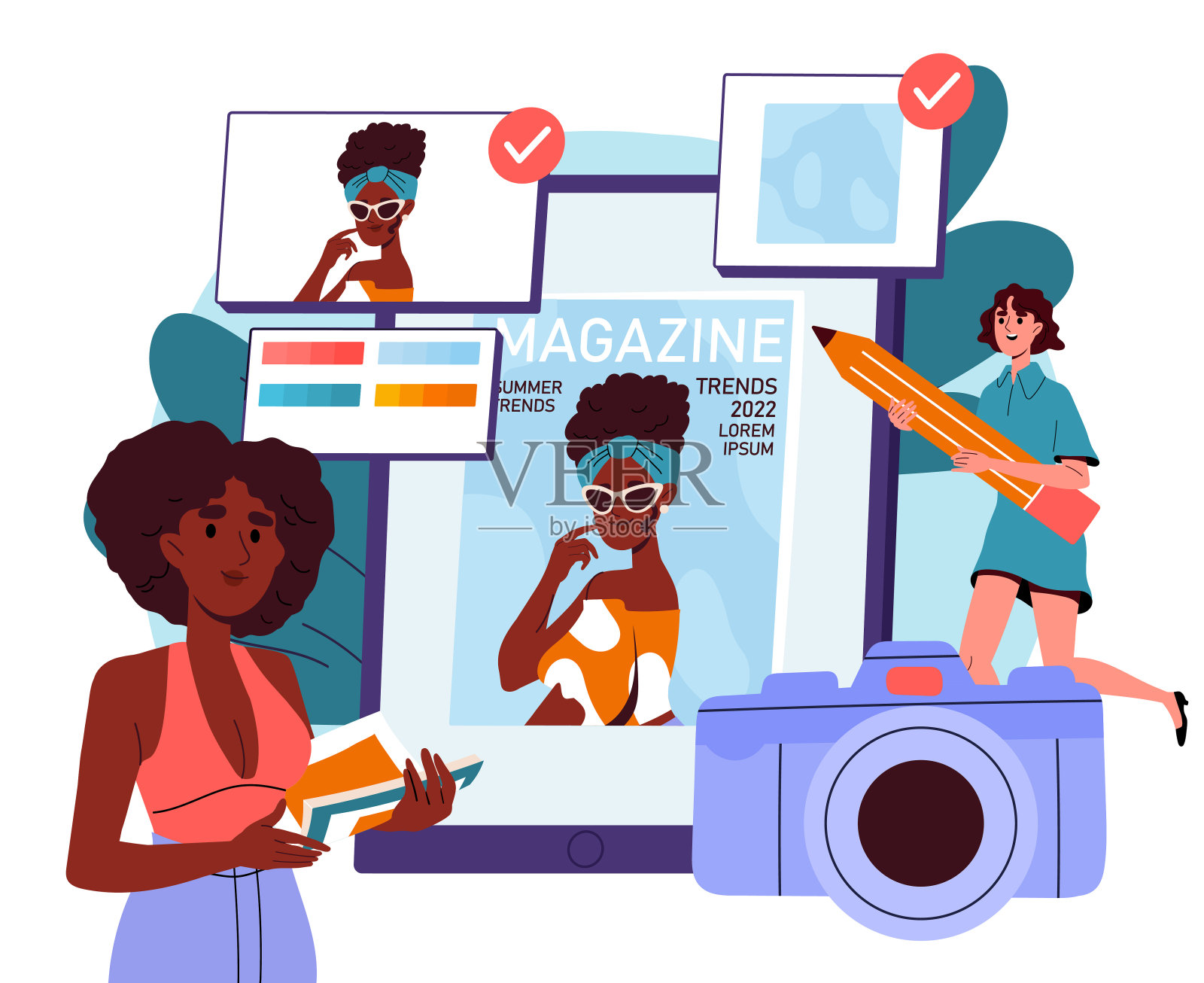 人们设计杂志。时尚封面上的女人。设计师和编辑。时尚、潮流和风格。美学和优雅。平面矢量图插画图片素材