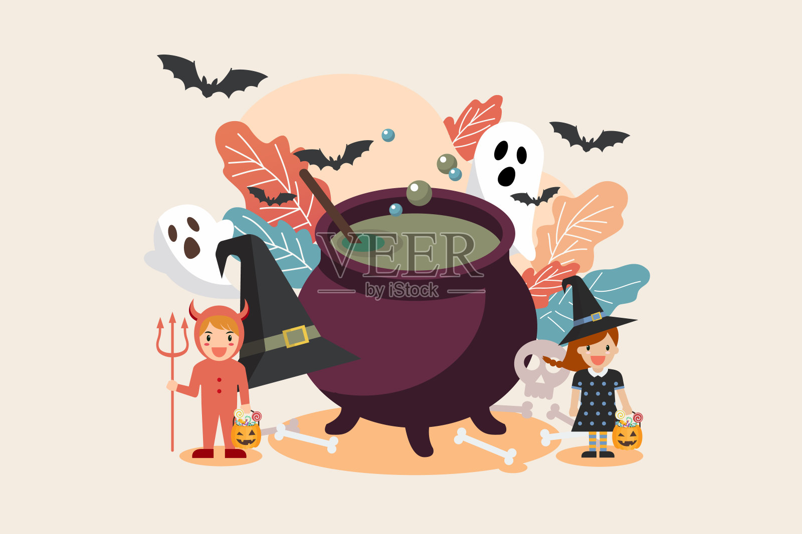 女巫大锅和穿着万圣节服装的孩子们。插画图片素材
