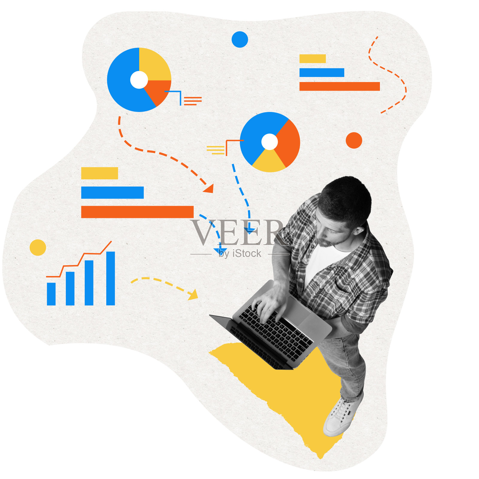 技术专业人员在笔记本电脑上分析数据，周围是充满活力的图表和图形。动态物流和商业智能。当代艺术拼贴。照片摄影图片