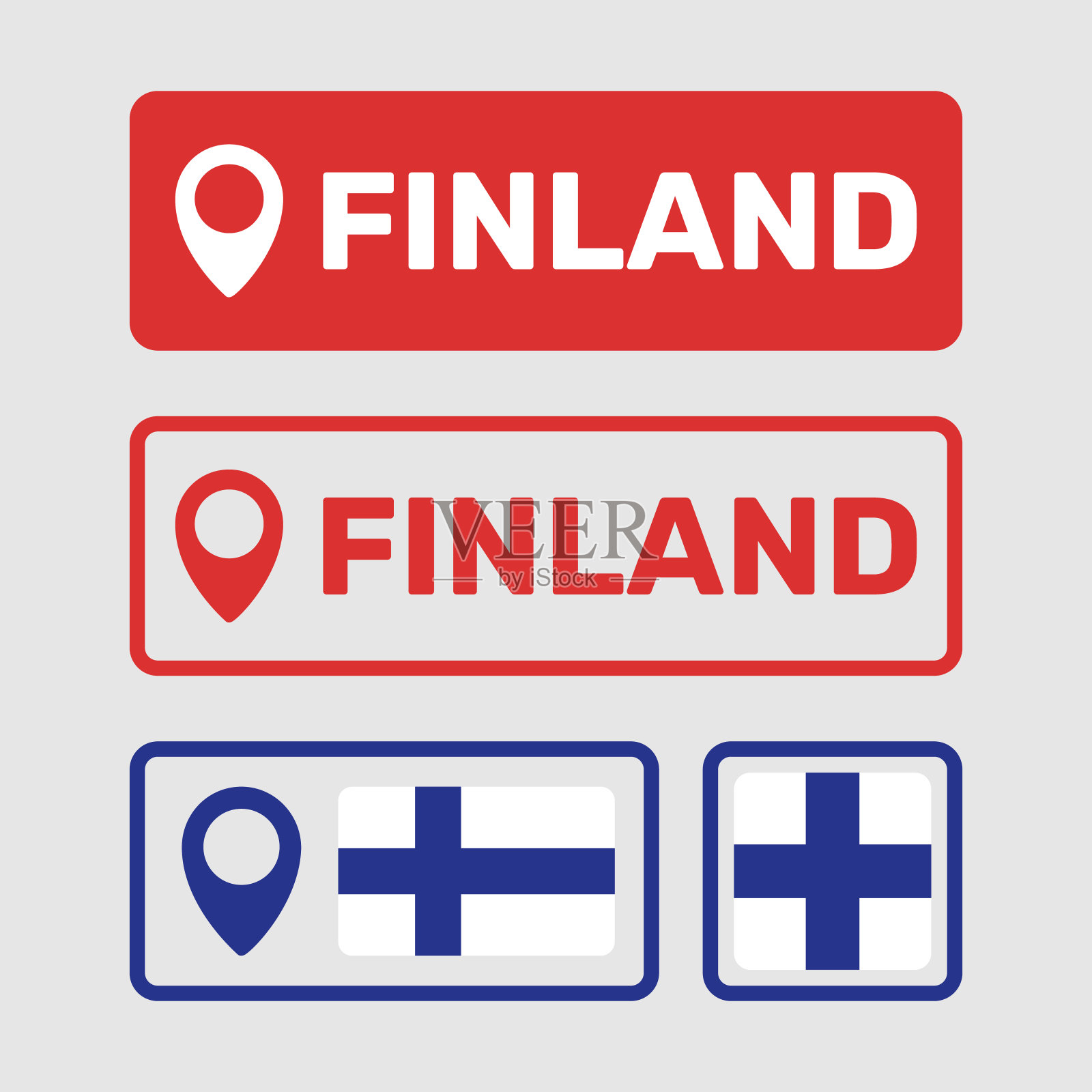 芬兰地图指针图标集，芬兰国旗符号集插画图片素材