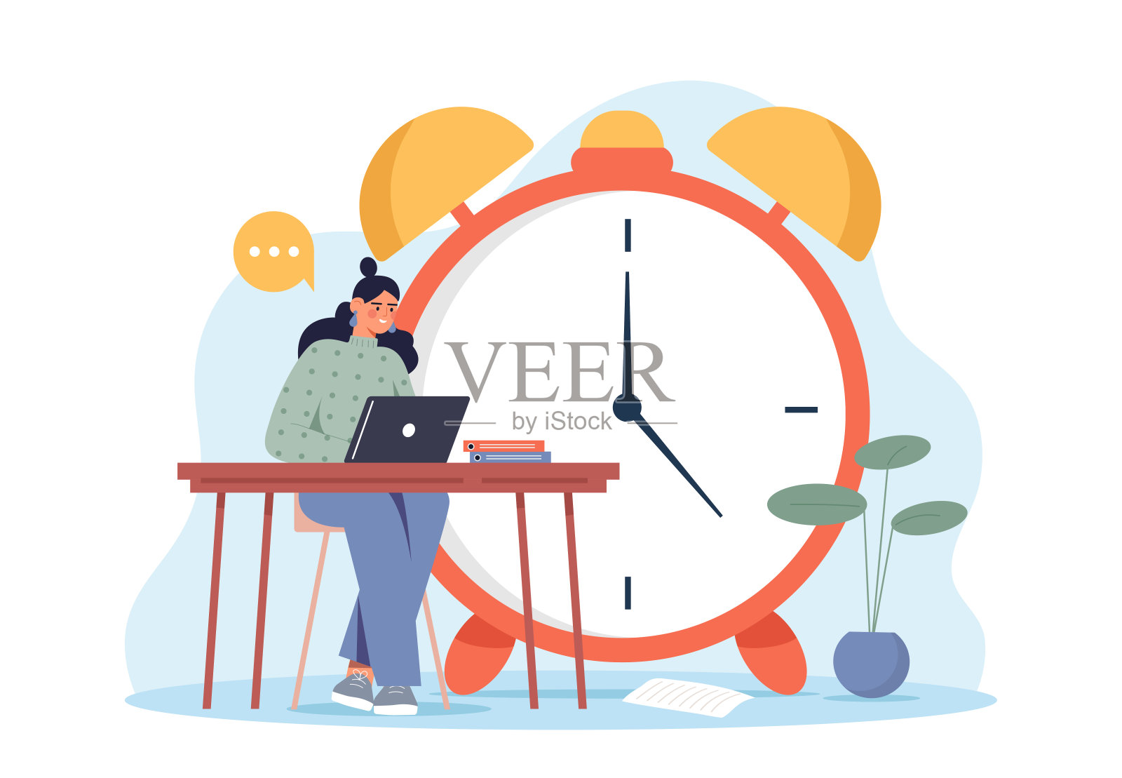 有工作流程调度的女人。小女孩拿着笔记本电脑，在大钟的背景下看书。时间管理和计划，组织有效的工作流程。平面矢量图插画图片素材