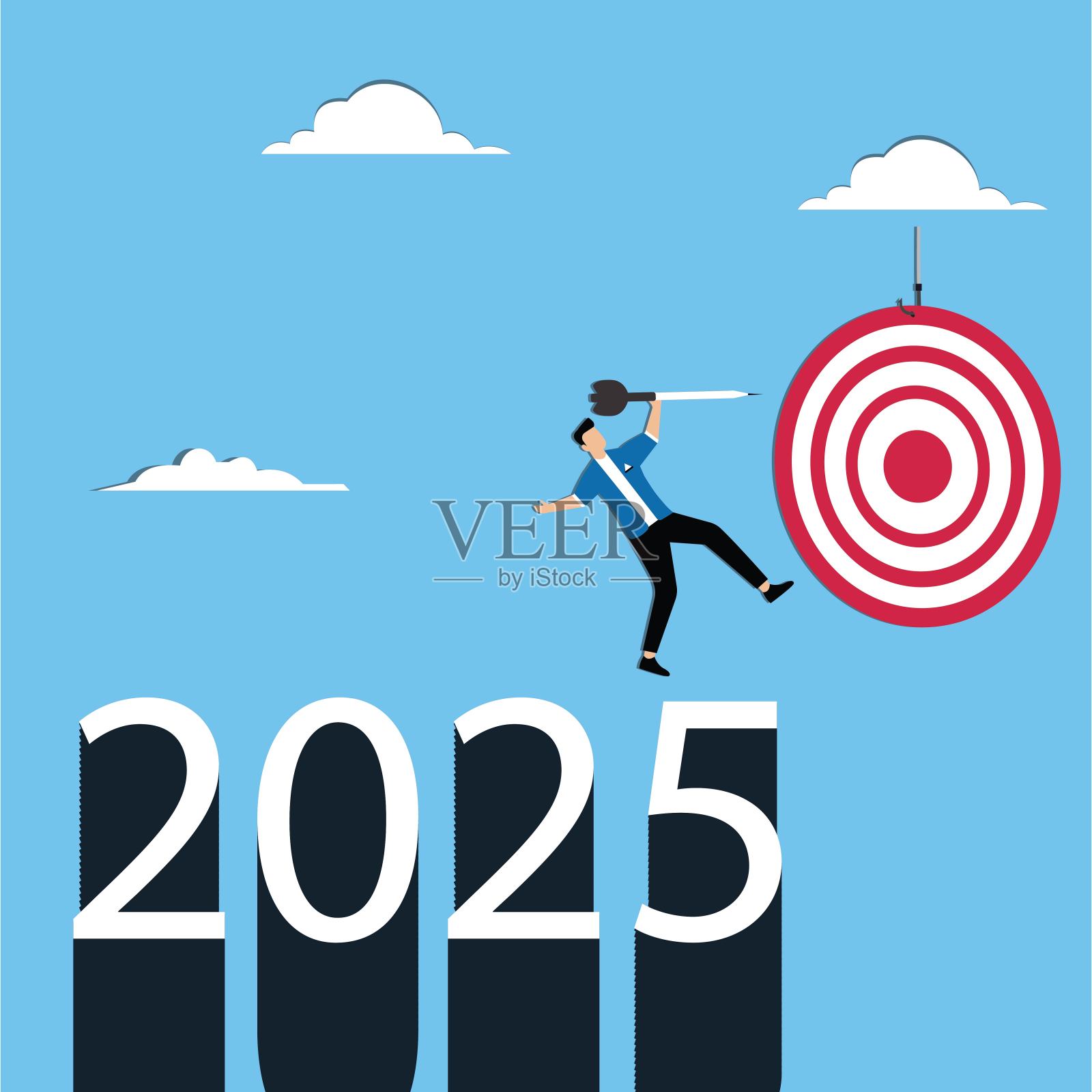 一名男子向2025年的董事会投掷飞镖插画图片素材