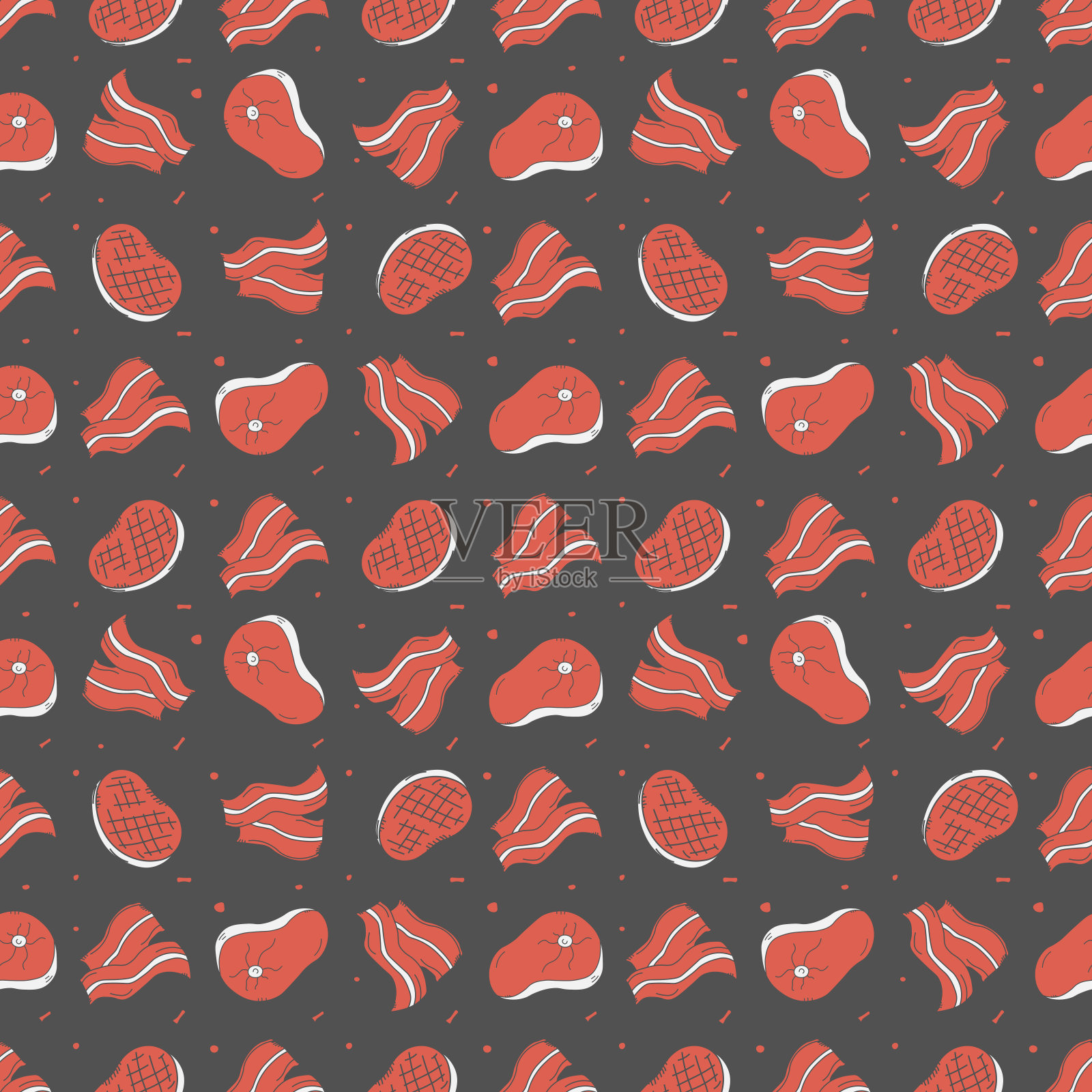 无缝肉质图案。涂鸦肉的背景。图示与肉类产品的图标插画图片素材