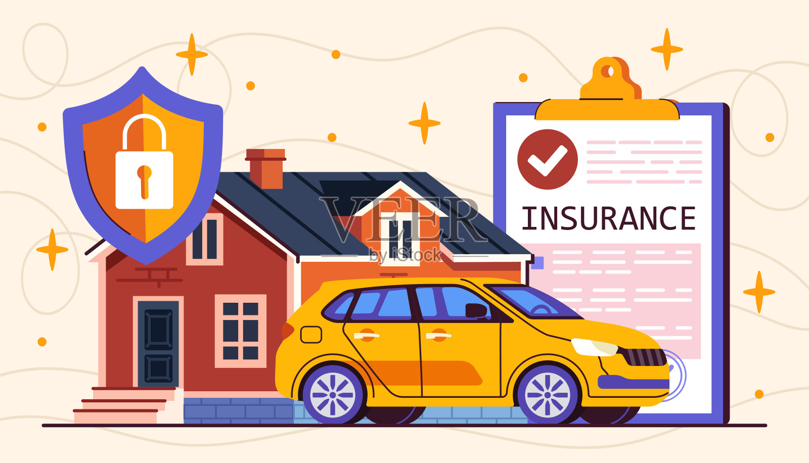 家庭和汽车保险。金融交易和协议。保护不动产和私有财产。保证和可靠性。平面矢量图插画图片素材