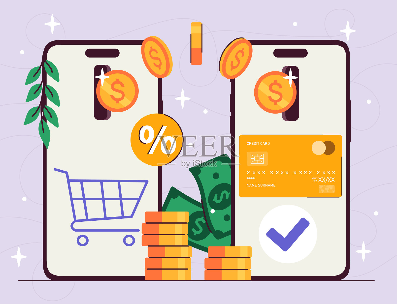 在智能手机上现金返还。手机现金返还。金融无现金转移和交易。特别优惠，折扣和促销。平面矢量图插画图片素材