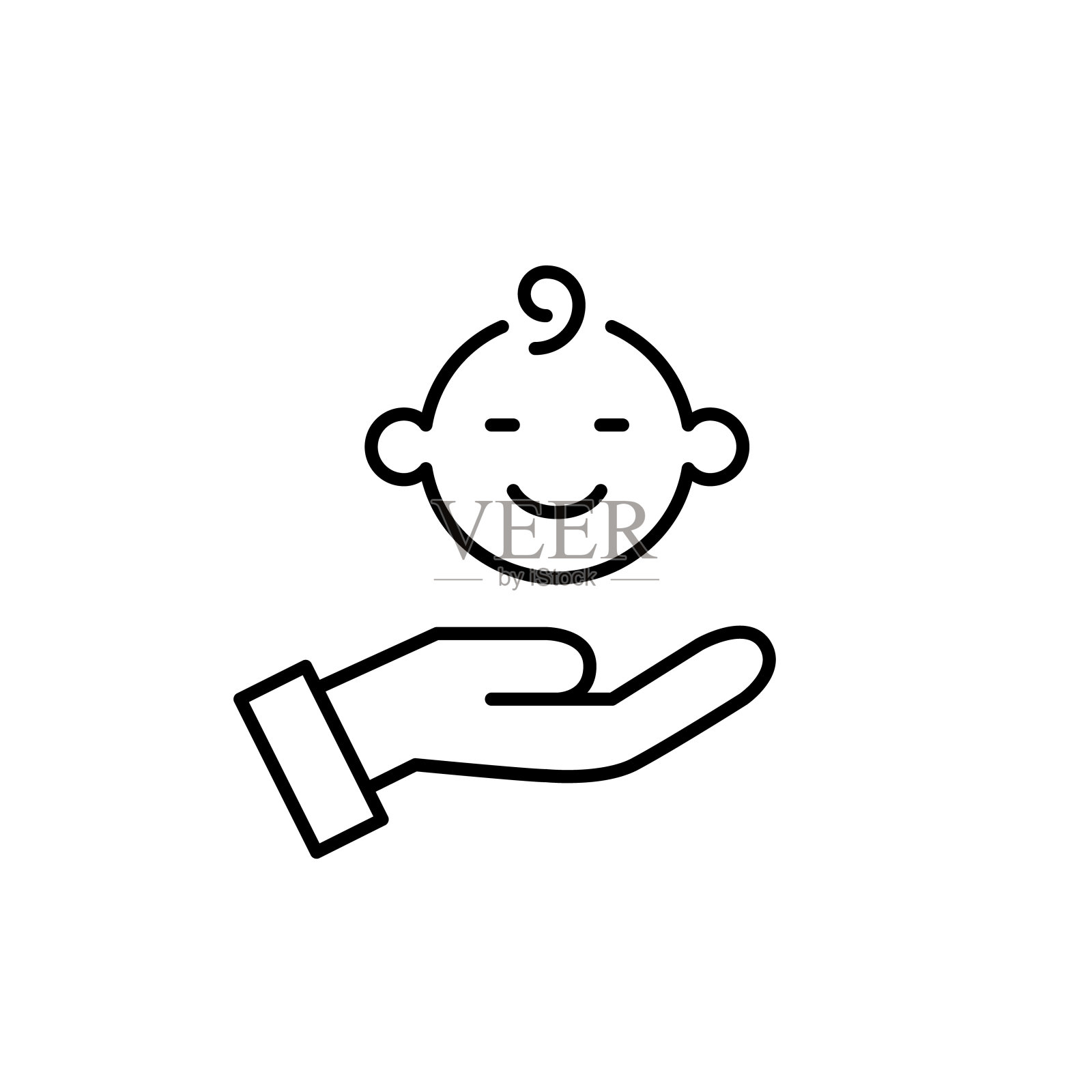 微笑的婴儿的脸和手。守护幼儿保育，婴幼儿安全。社会服务和收养。像素完美矢量图标插画图片素材