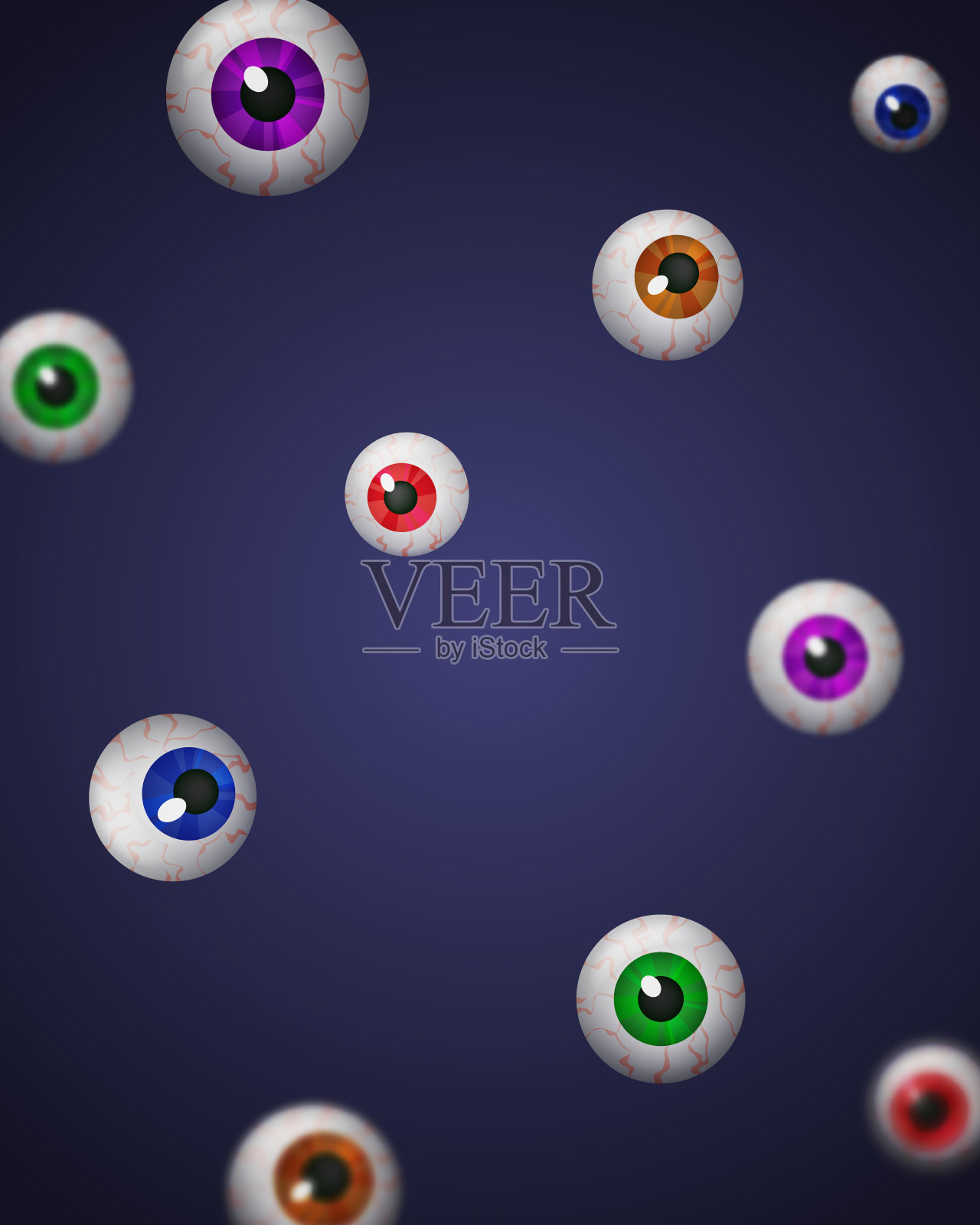 万圣节的蓝色深色背景设计与五颜六色的眼睛插画图片素材