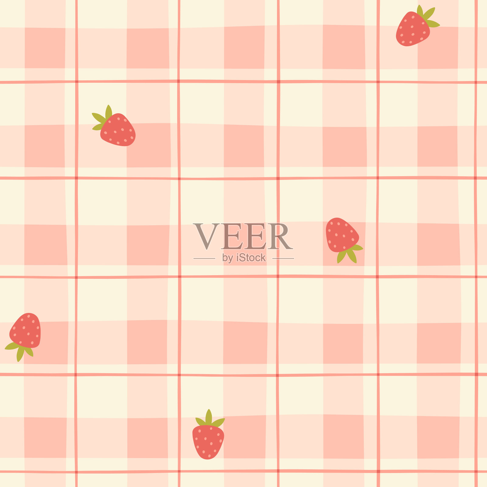 格纳姆无缝矢量图案与卡哇伊草莓。格纹检查桌布，餐巾，衣服，包装，为复活节假期。温馨可爱的孩子气的背景在一个柔和的调色板。插画图片素材