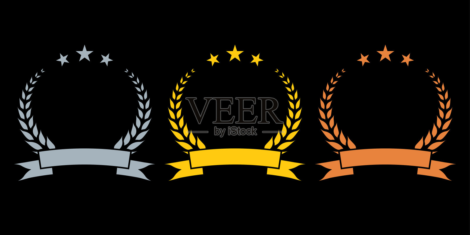 桂冠花环奖套装。金、银、铜桂冠框带。第一，第二，第三名的奖品概念。矢量插图。插画图片素材