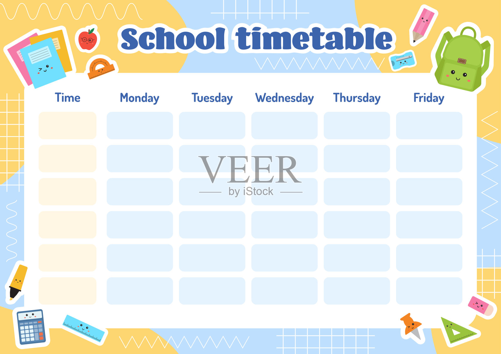 学校时间表的孩子，教育时间表，每周计划，可打印的学校时间表的孩子。学生日常作息时间表。教育，班级，课程计划。回到学校计划。插画图片素材