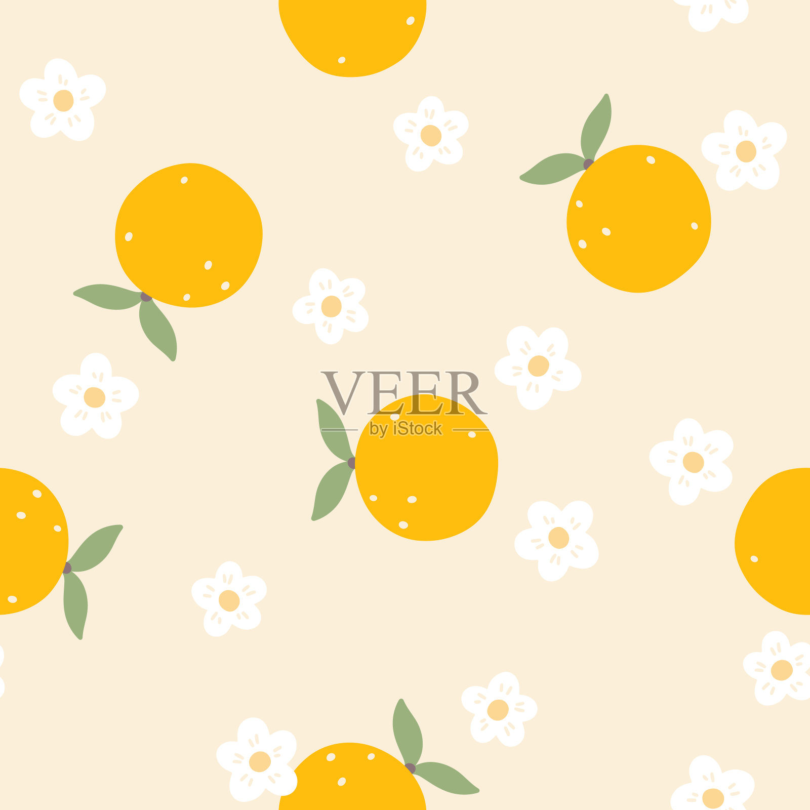 盛开的橙色无缝矢量图案与柑橘水果和花朵在简单的手绘卡通卡哇伊风格。柔和的调色板，可爱的中性背景。用于印刷婴儿纺织品、服装、包装。插画图片素材