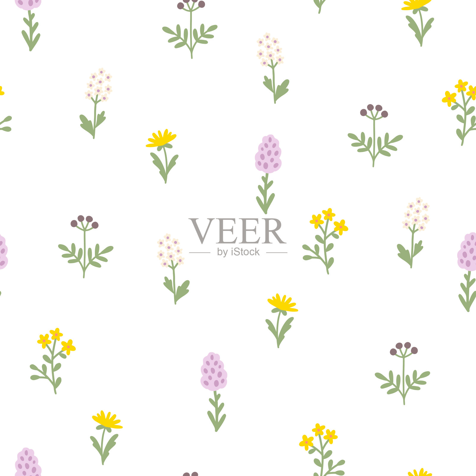 花卉图案无缝草甸花在简单的手绘卡通斯堪的纳维亚风格粉彩调色板。幼稚可爱简单简约的背景。适用于托儿所，织物，婴儿服装，墙纸。插画图片素材