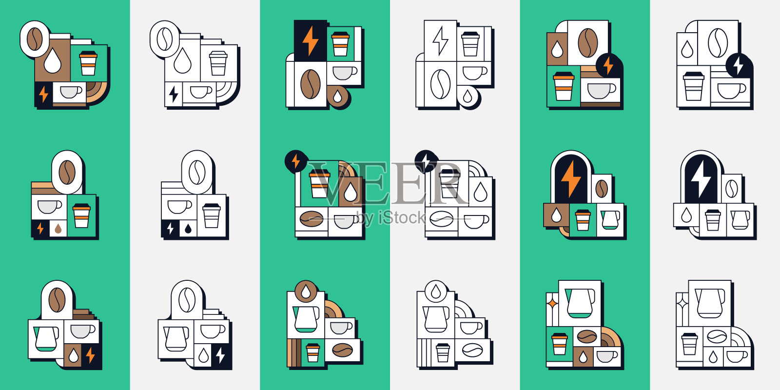 一套咖啡豆咖啡因能量杯水珠早餐几何线艺术插图插画图片素材