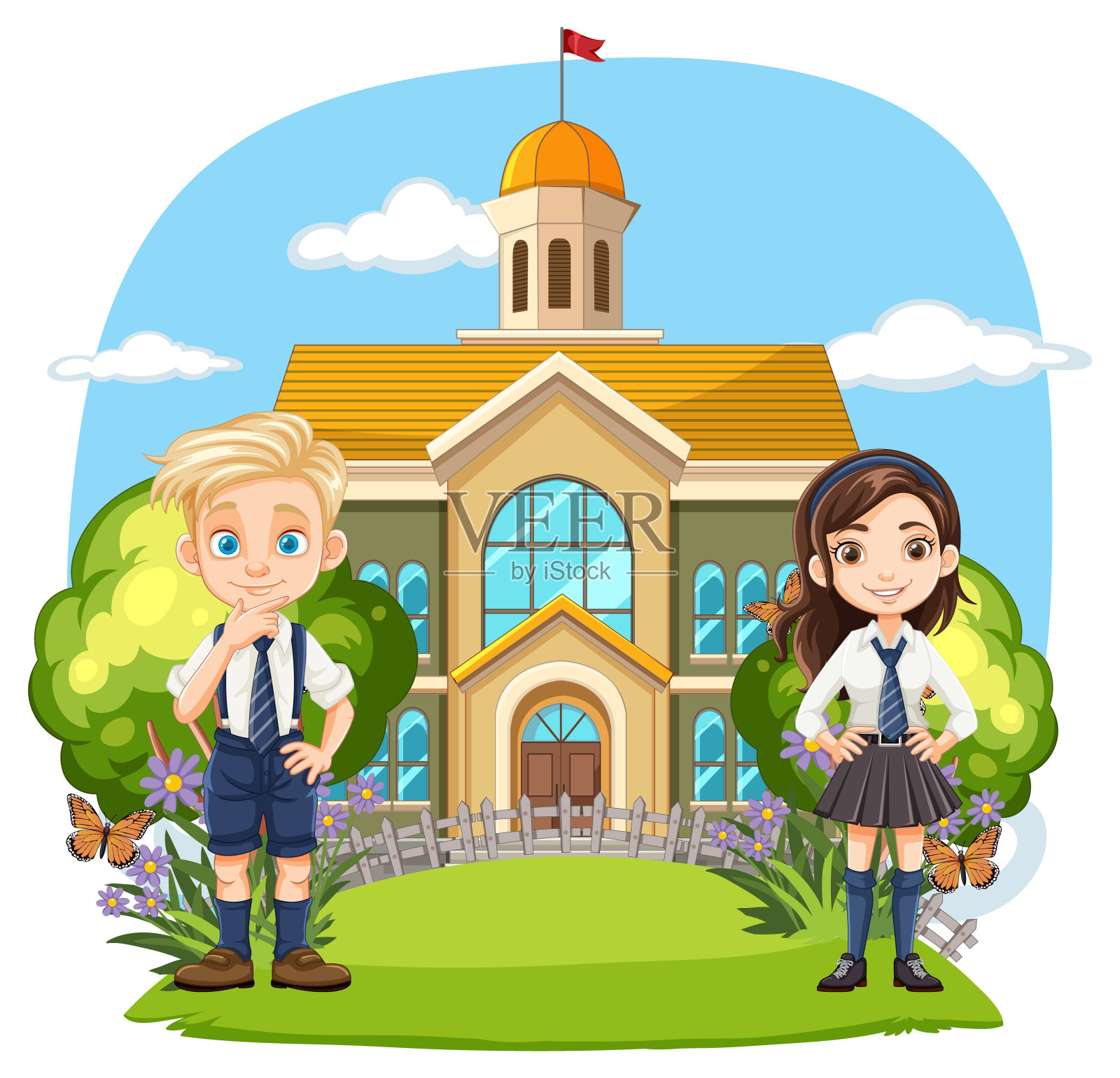 两个孩子站在学校门口插画图片素材