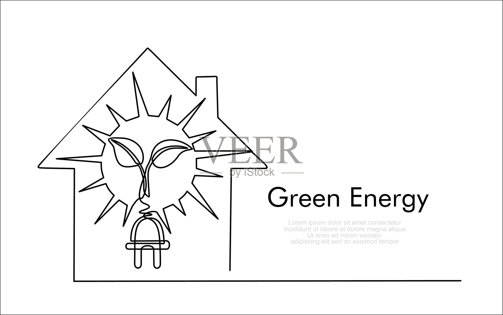 房子里有太阳、插头和灯泡，就像一棵植物在一条直线上画出来的。简约风格的节能理念。可用于标志，徽章，幻灯片和横幅。矢量图插画图片素材