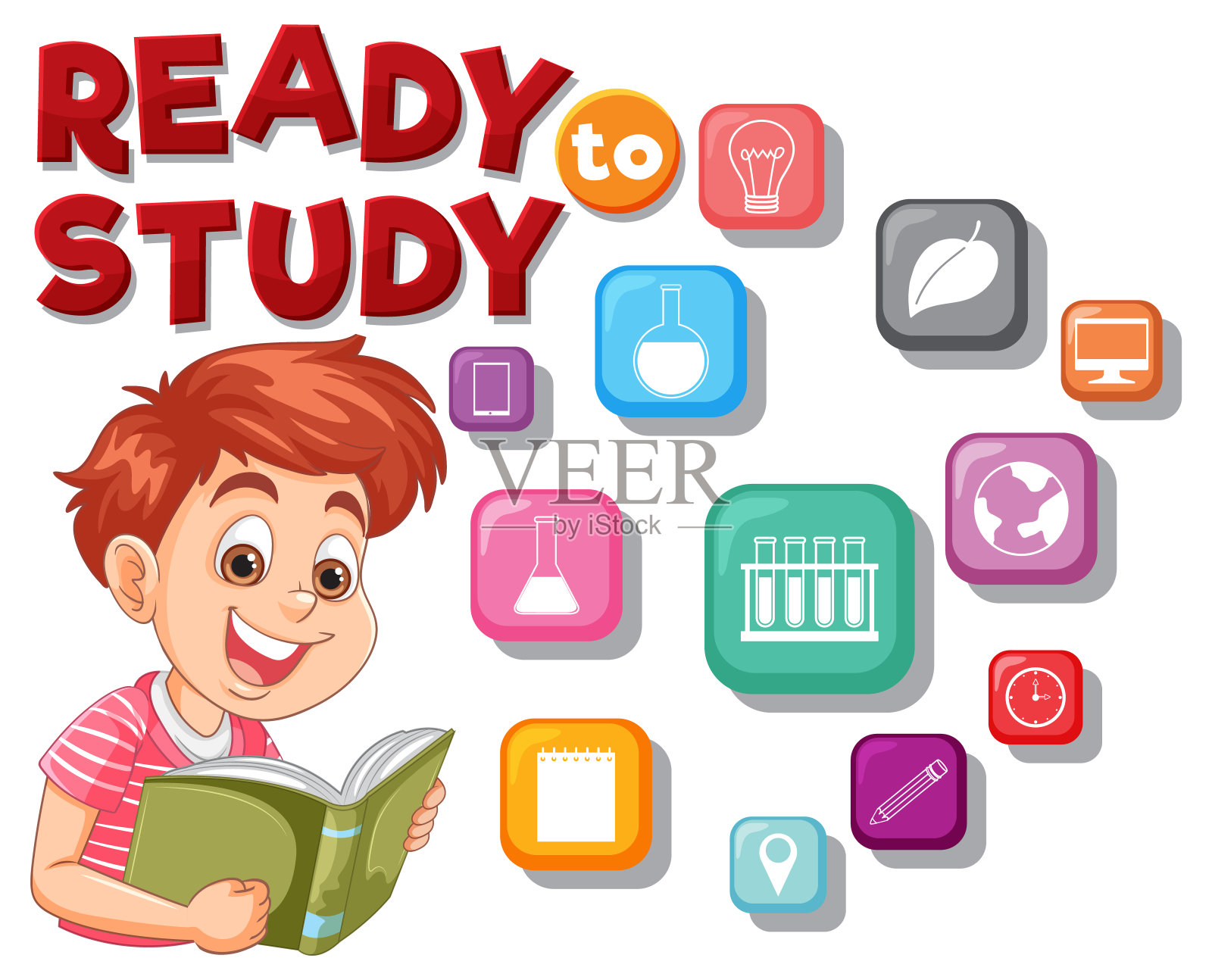 儿童阅读带有教育图标的书籍插画图片素材