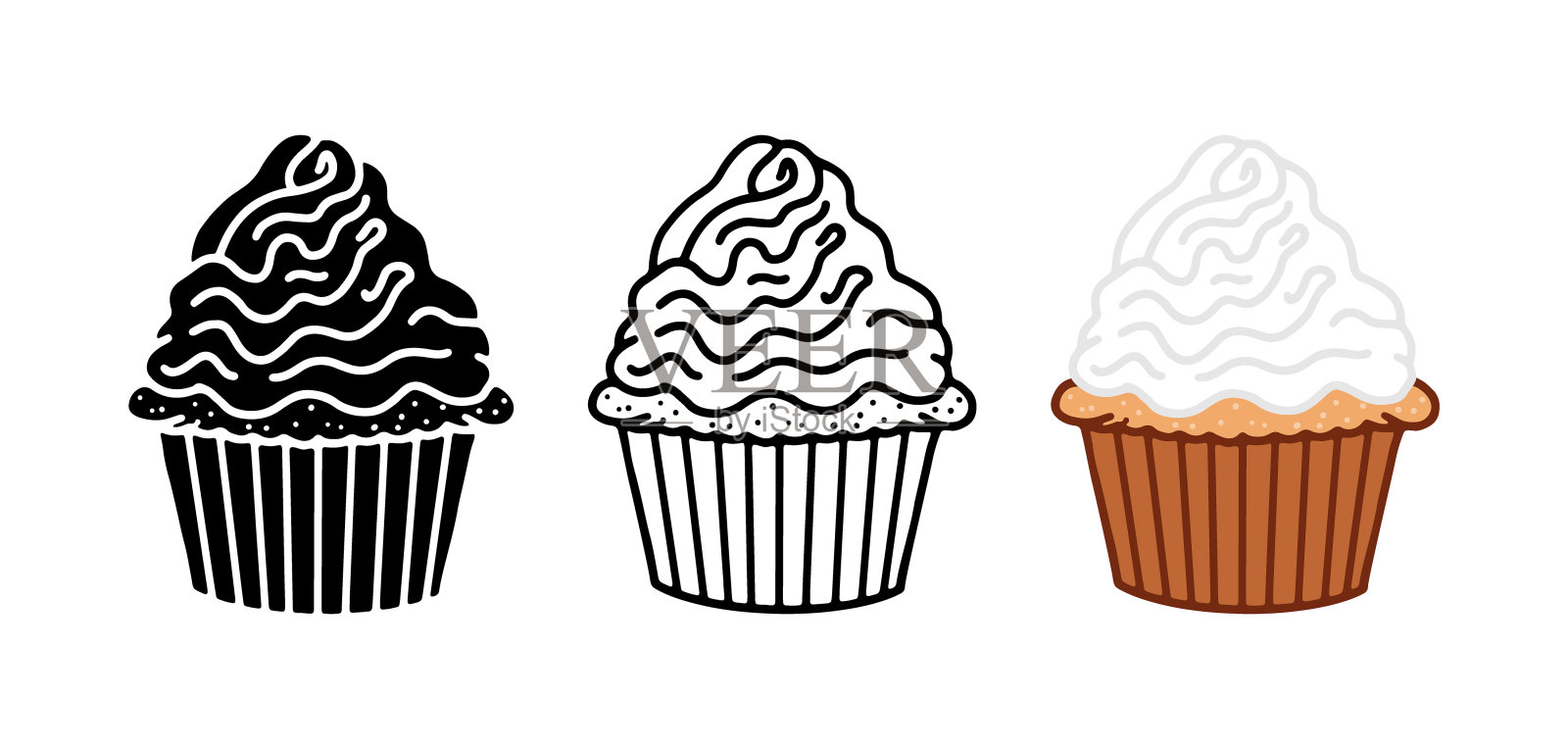 一组纸杯蛋糕卡通涂鸦，矢量，插图。插画图片素材