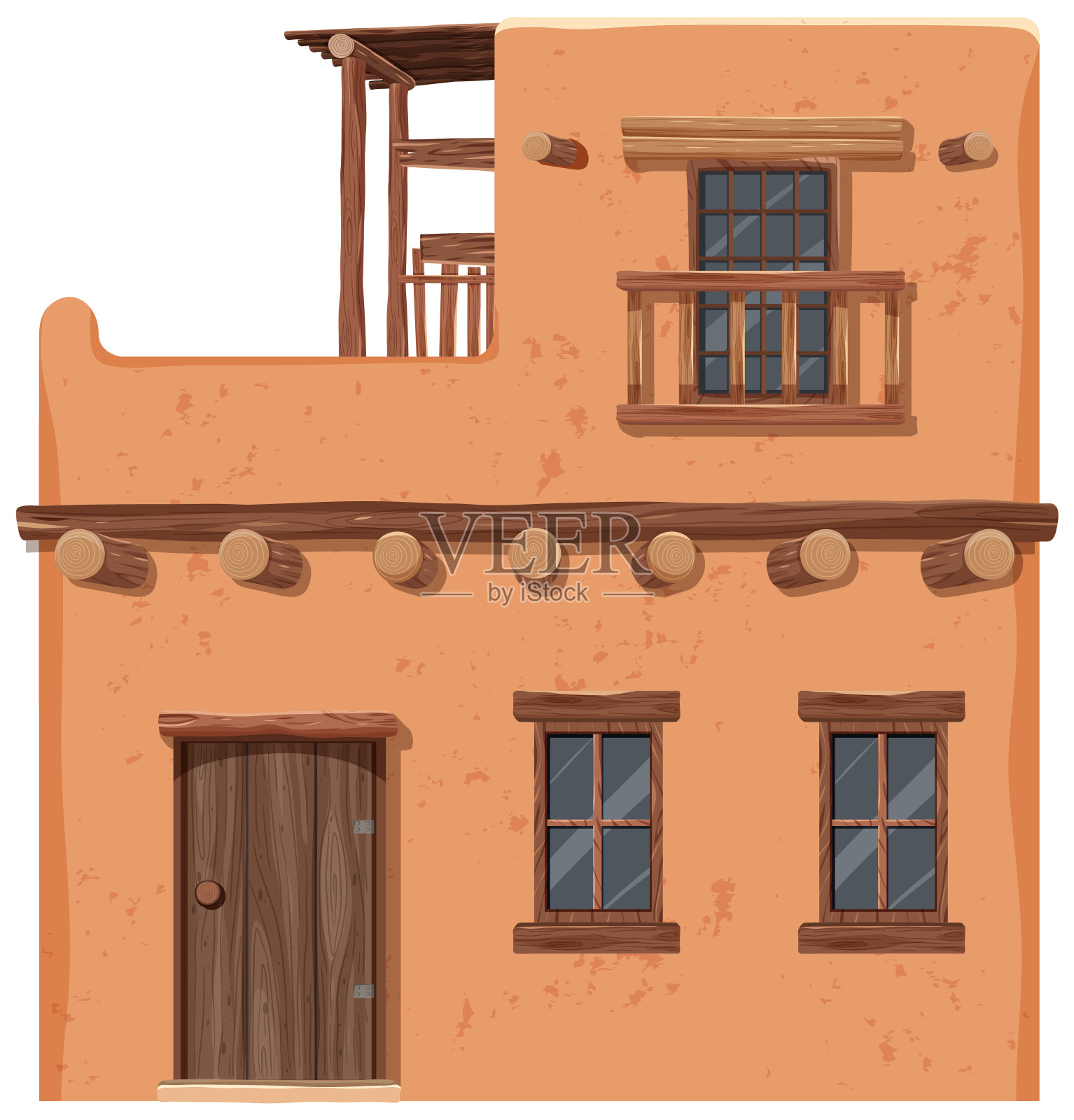 两层的土坯房，带有木制的口音插画图片素材