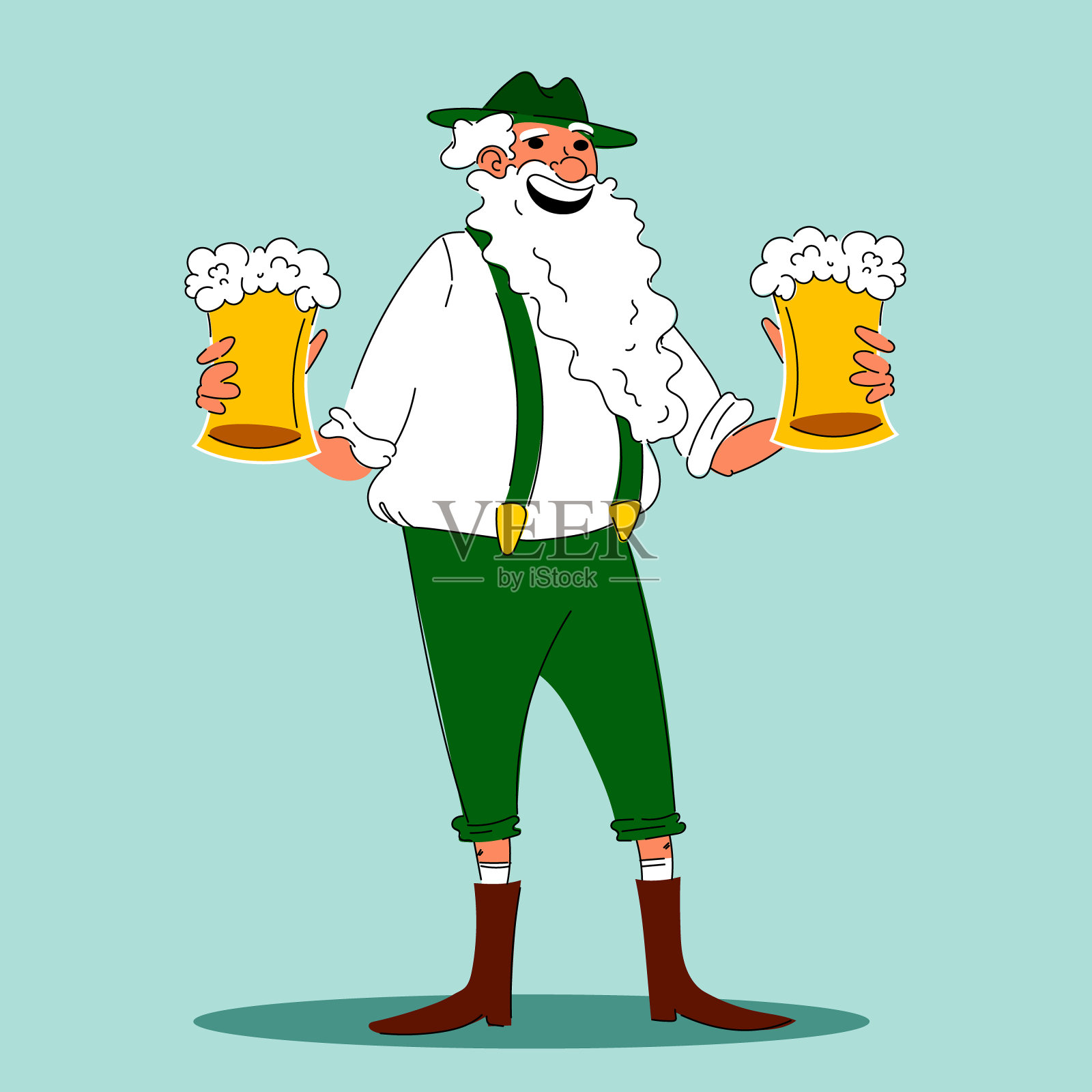 留着胡子的老人，穿着传统的巴伐利亚服装，拿着泡沫啤酒杯，背景是浅蓝色的。啤酒聚会。矢量图插画图片素材