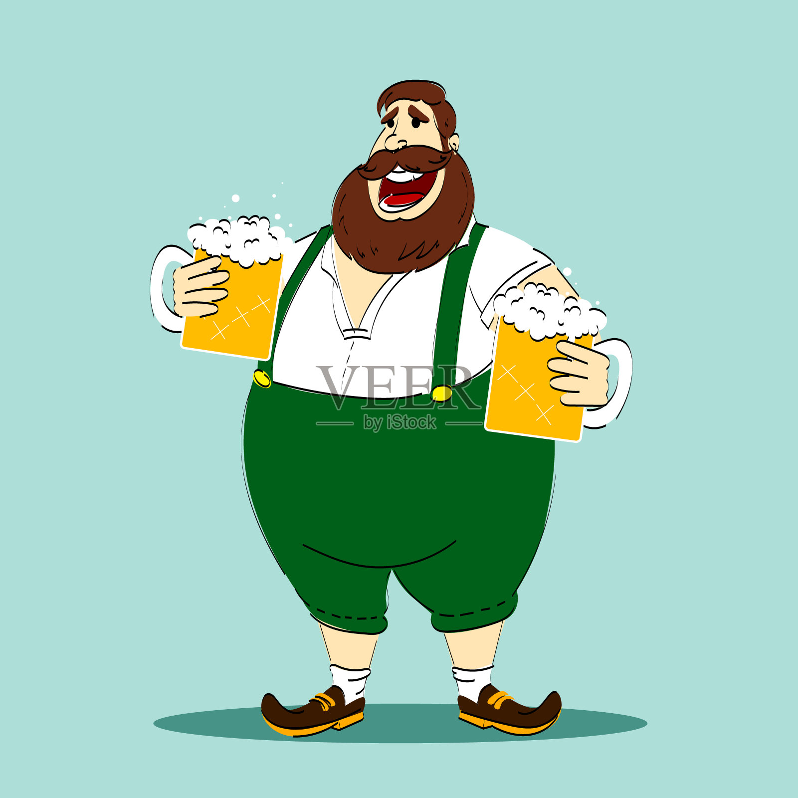 一个穿着巴伐利亚传统服装、满脸胡须的人，在浅蓝色的背景下拿着两个起泡的啤酒杯。矢量图插画图片素材