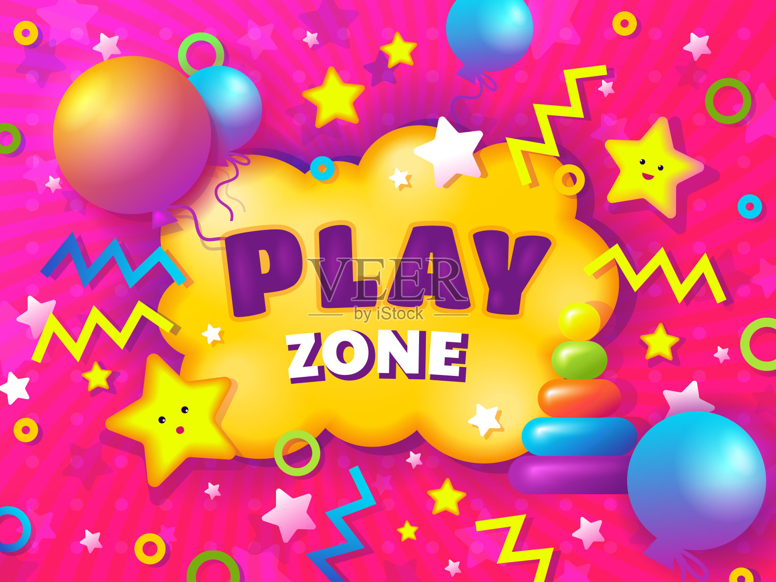 有趣的孩子背景。有趣的游戏横幅，快乐的玩具，儿童专区，年轻的孩子在操场玩耍。彩色的背景。游戏公园或游戏区域标志。矢量卡通图形插画图片素材