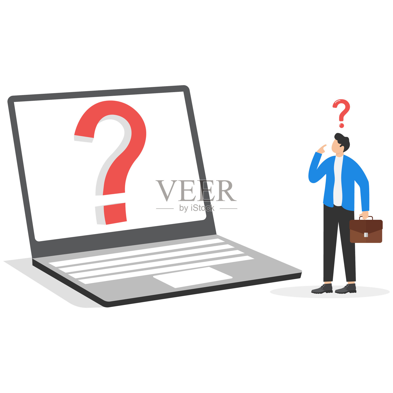 身穿商务西装的男人站在笔记本电脑前，屏幕上显示一个红色问号插画图片素材