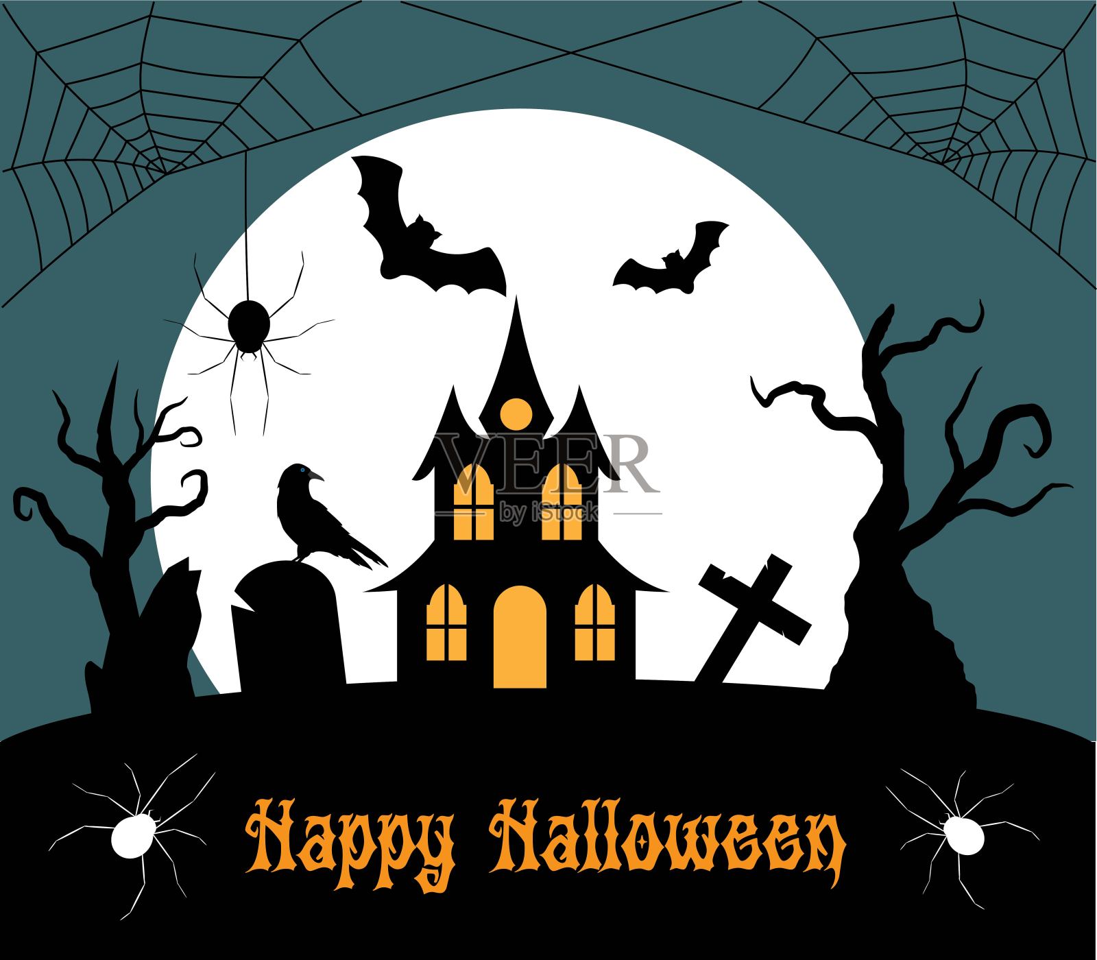 快乐的万圣节海报与可怕的房子蜘蛛和蝙蝠插画图片素材