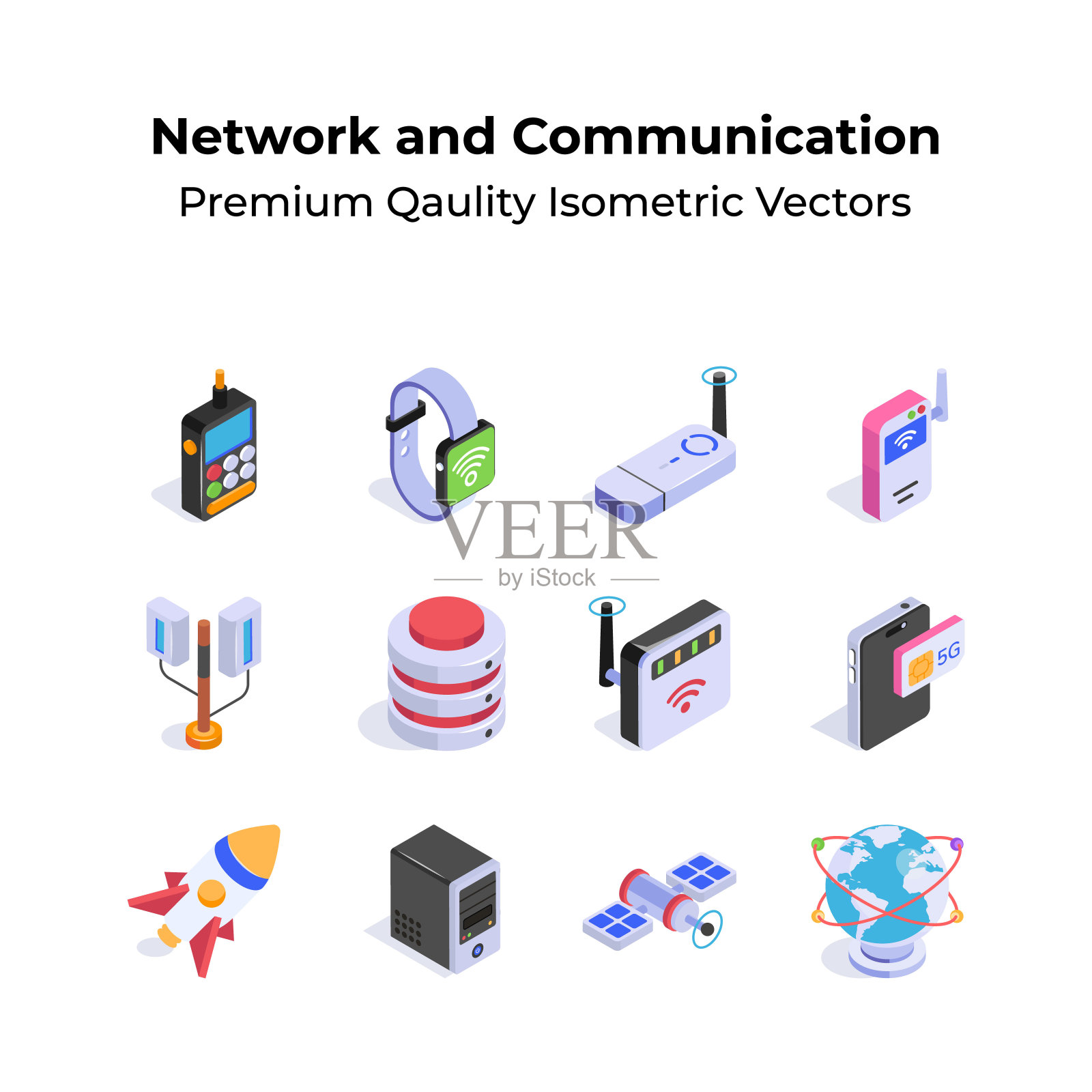 网络和通信等距图标集在时尚的设计风格。插画图片素材