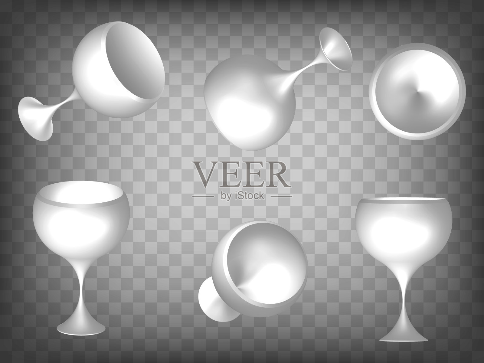 透明背景上的一套3d酒杯。葡萄酒玻璃三维图标插图与不同的观点和角度。抽象概念的图形元素为您的设计插画图片素材