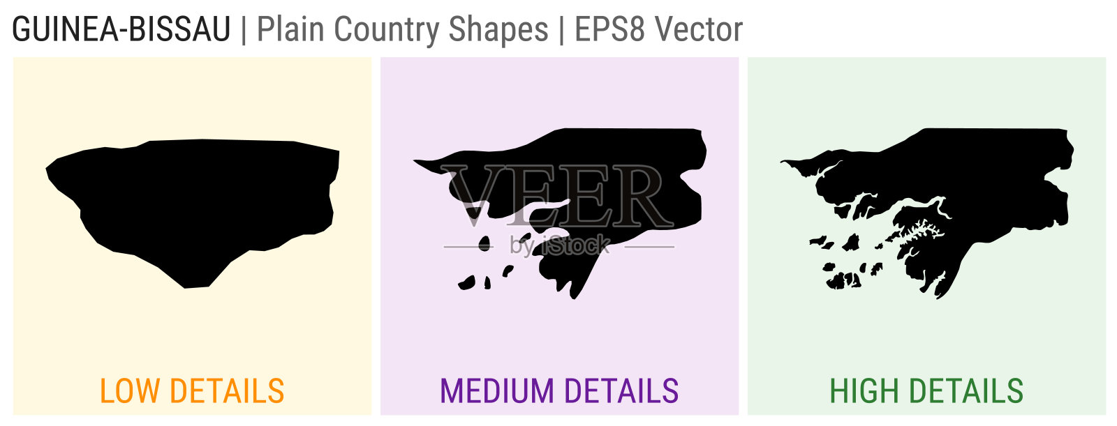 几内亚比绍-平原国家形状。几内亚比绍的低、中、高详细地图。EPS8矢量图。插画图片素材
