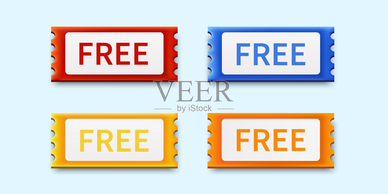一套3d免费券。免费推广。3D券有红、蓝、黄、橙四种颜色。矢量现实优惠券设计大销售，特别优惠，和折扣券。矢量插图。插画图片素材