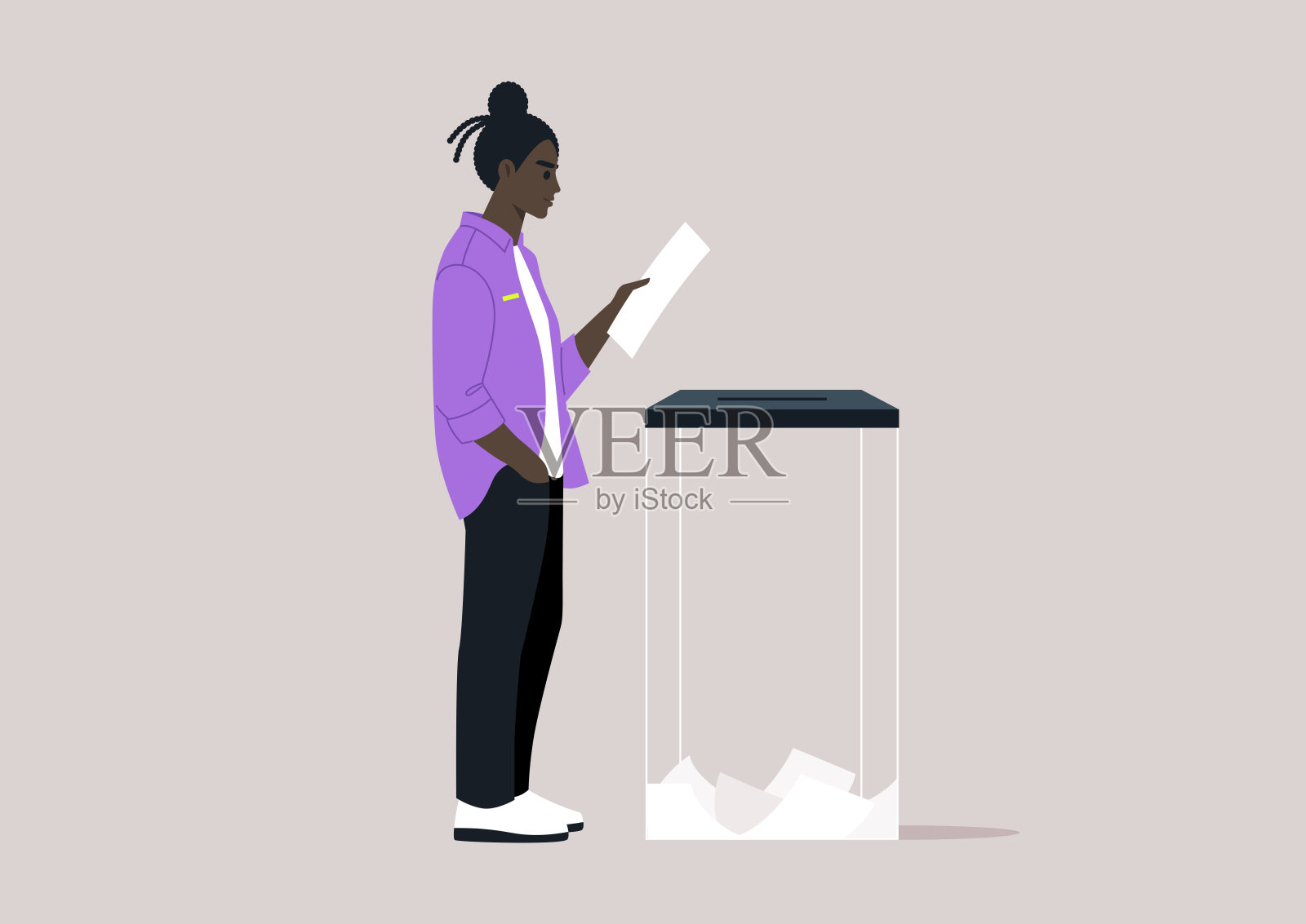 一位选民若有所思地站在一个清晰的投票箱旁，准备投票，强调公民义务和民主参与插画图片素材