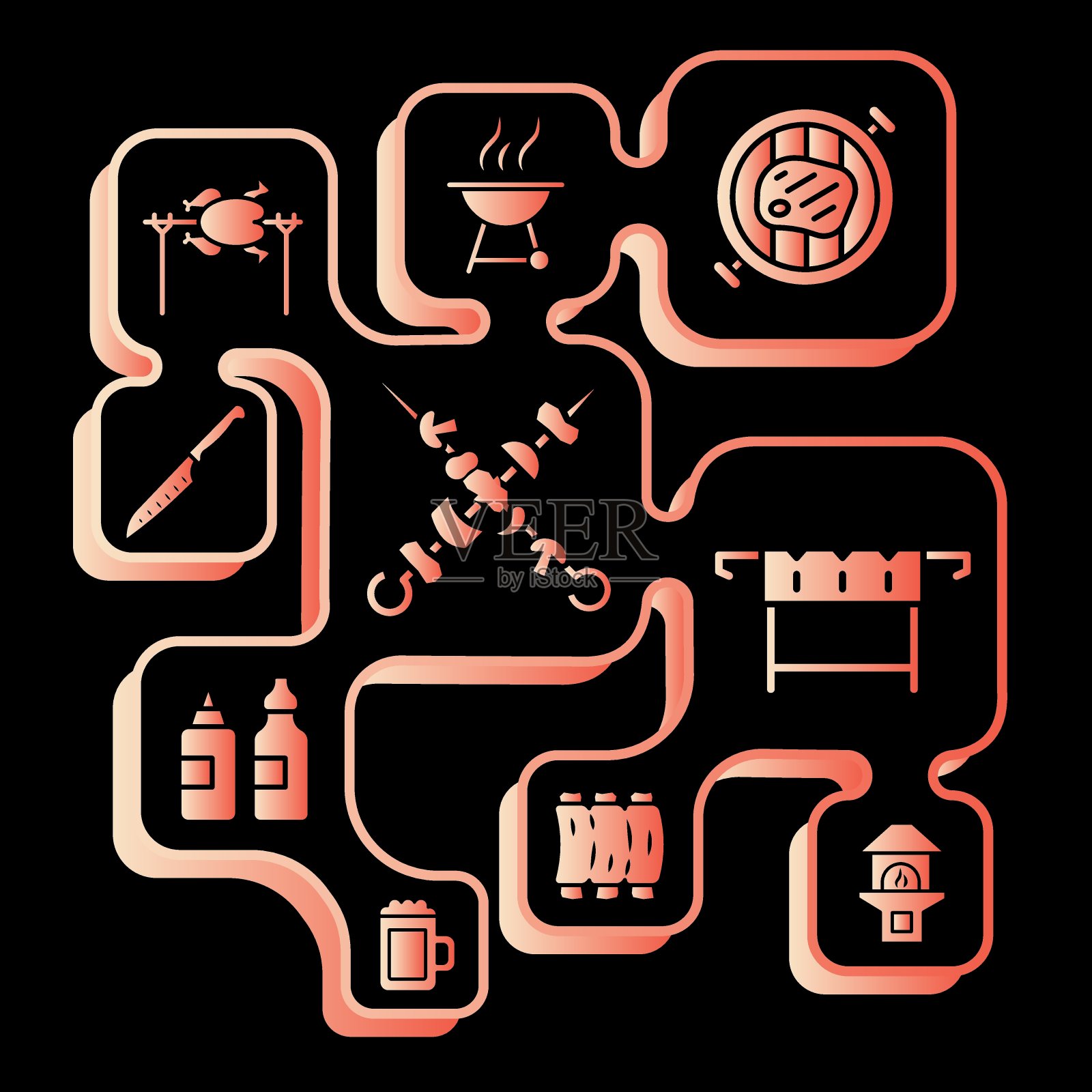 烧烤和烧烤图标。彩色全烤架图标。烧烤符号。彩色插图。插画图片素材