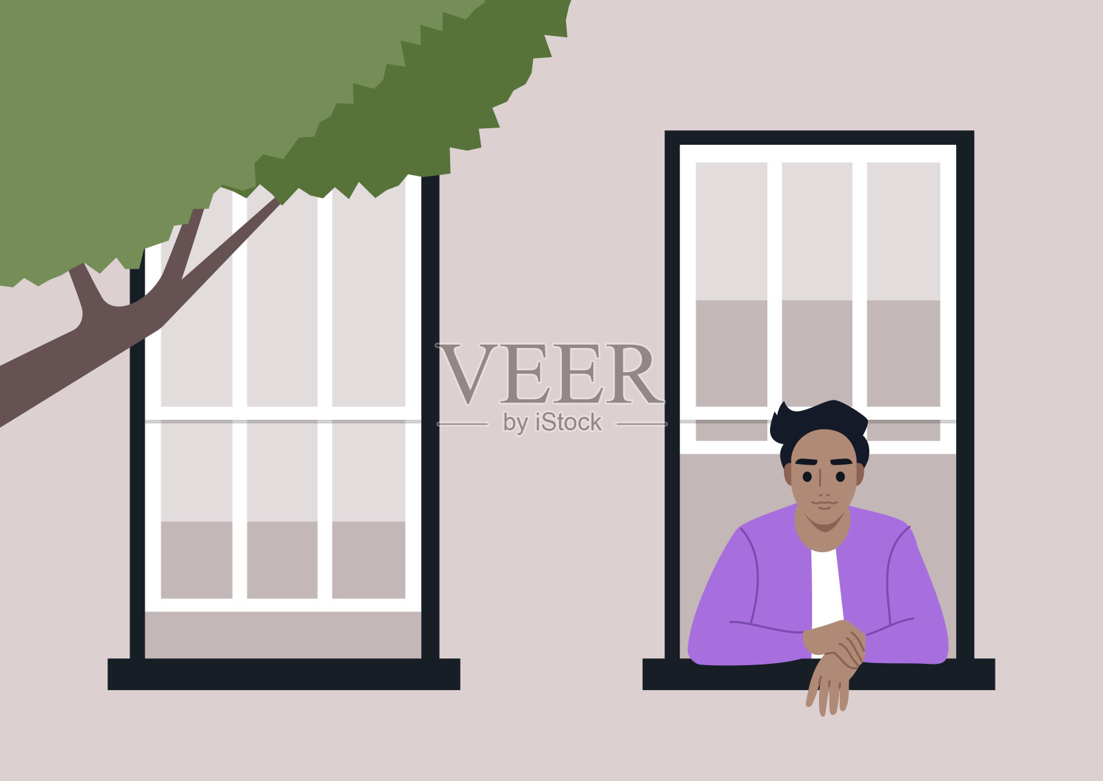 一个年轻的角色若有所思地靠在窗台上，观察着外面的世界，柔和的阳光透过附近一棵树的叶子照进来插画图片素材