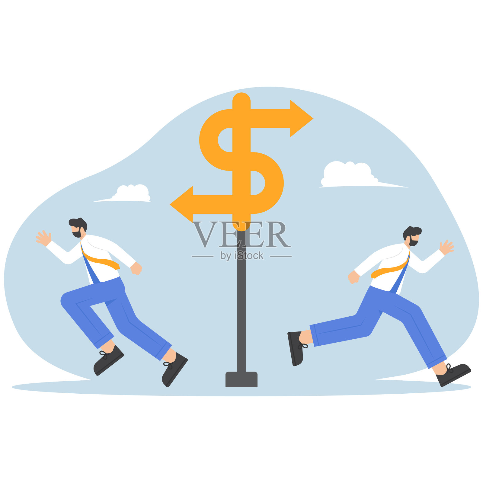 不同的投资方向或观点，风险投资家之间的商业观念冲突，两个商人走在不同的赚钱道路上。插画图片素材