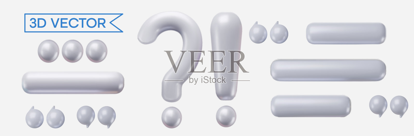 三维矢量集的标志-问题，感叹号，引号，点，文本。金属光泽。插图孤立在白色背景上插画图片素材