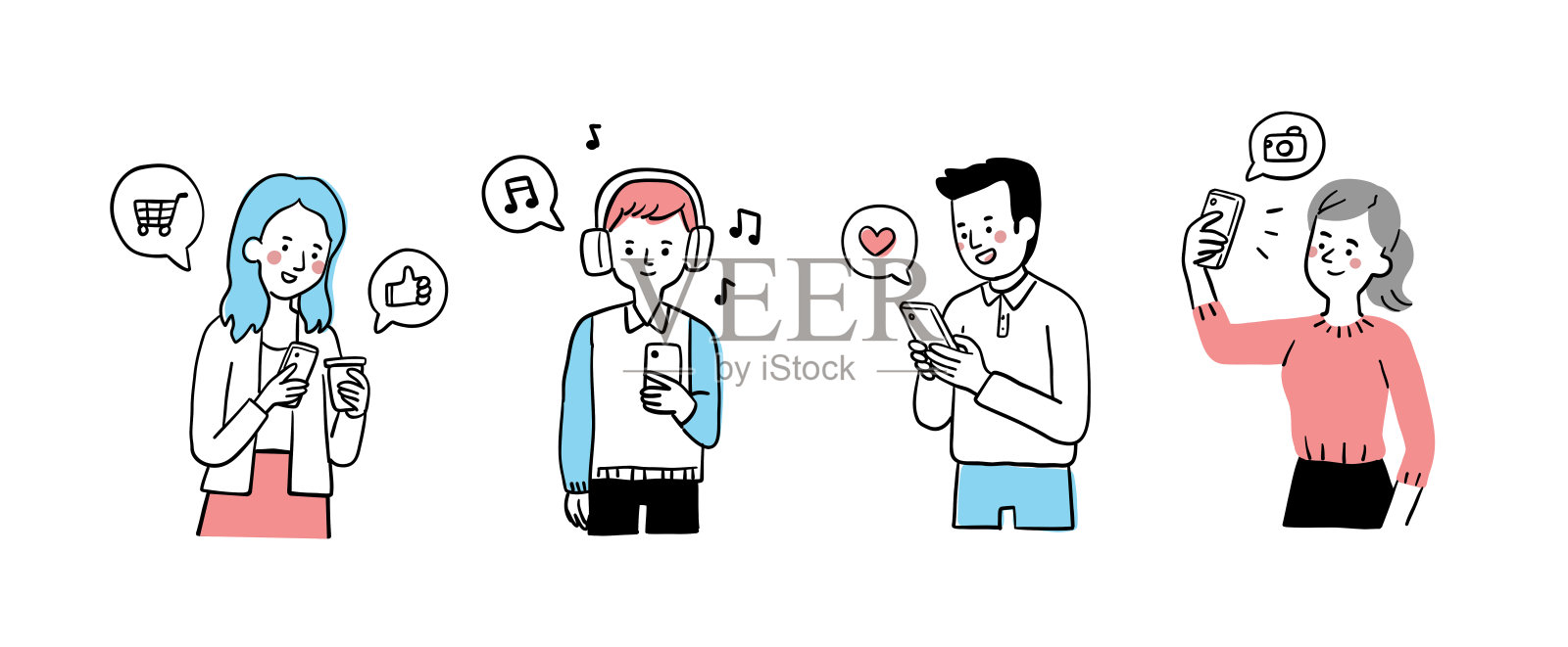 人们用手机购物、聊天、社交、自拍插画图片素材