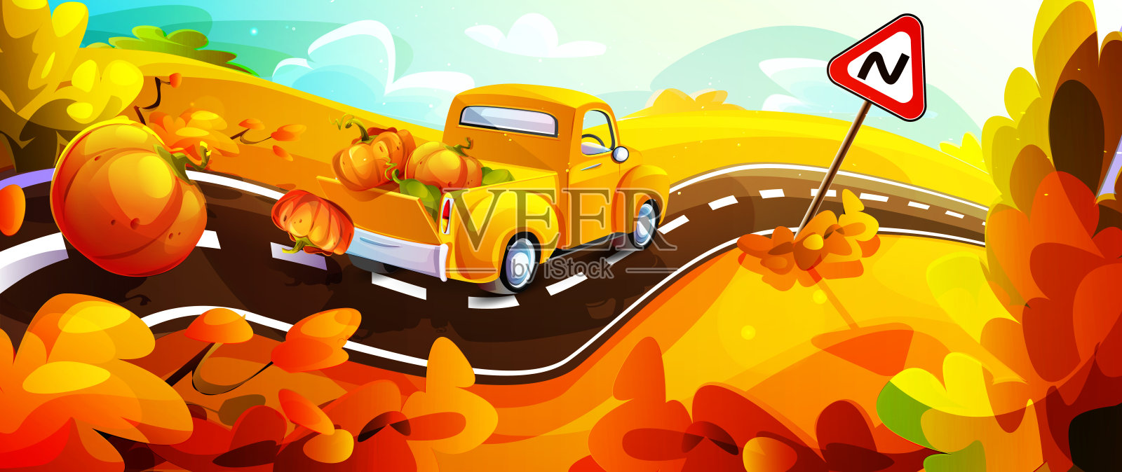 你好，卡通风格的秋天。黄色的小货车载着落下的熟透的南瓜行驶着，映衬着乡村道路上的秋景，道路上有警告标志。插画图片素材