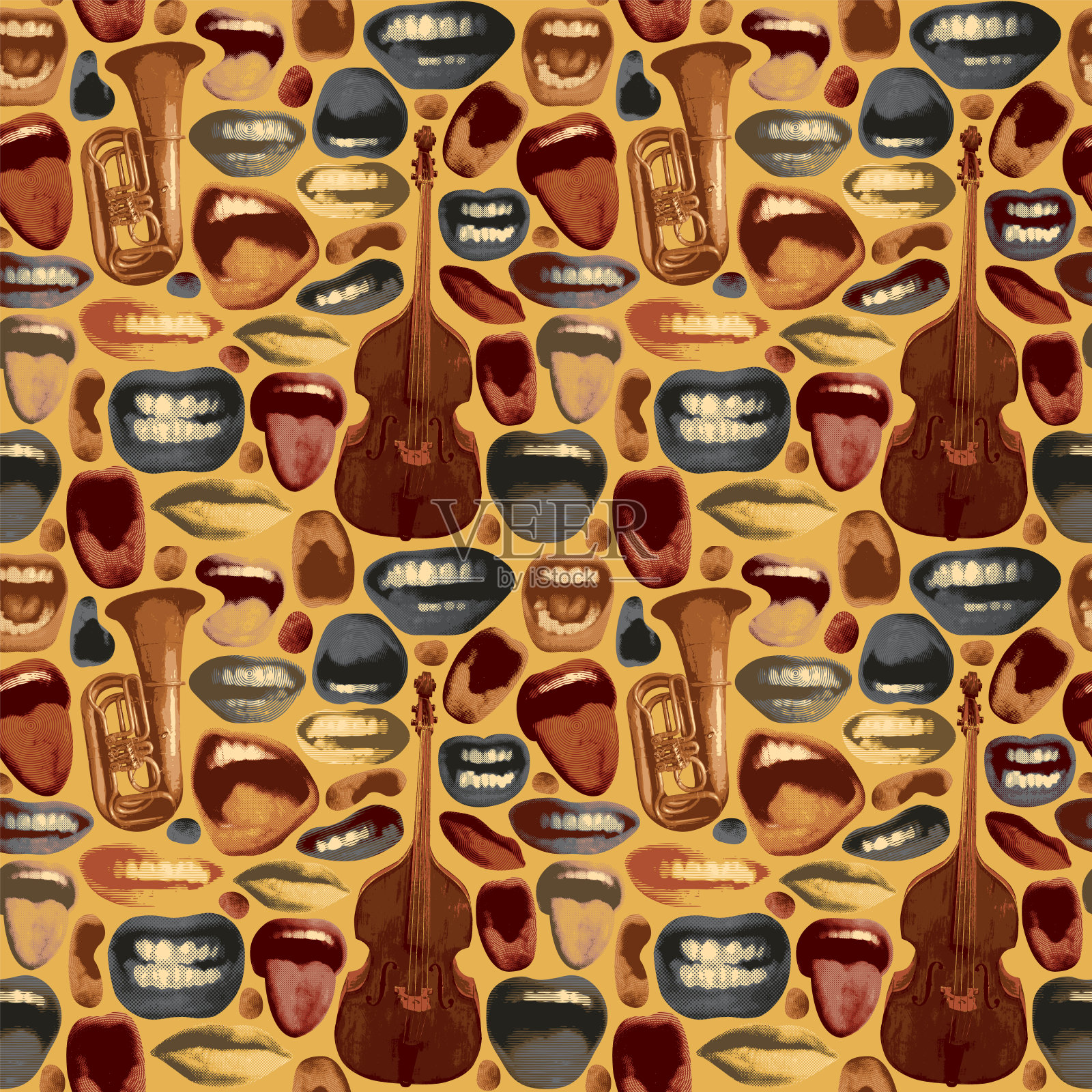 无缝图案与人的嘴唇和低音提琴与小号插画图片素材