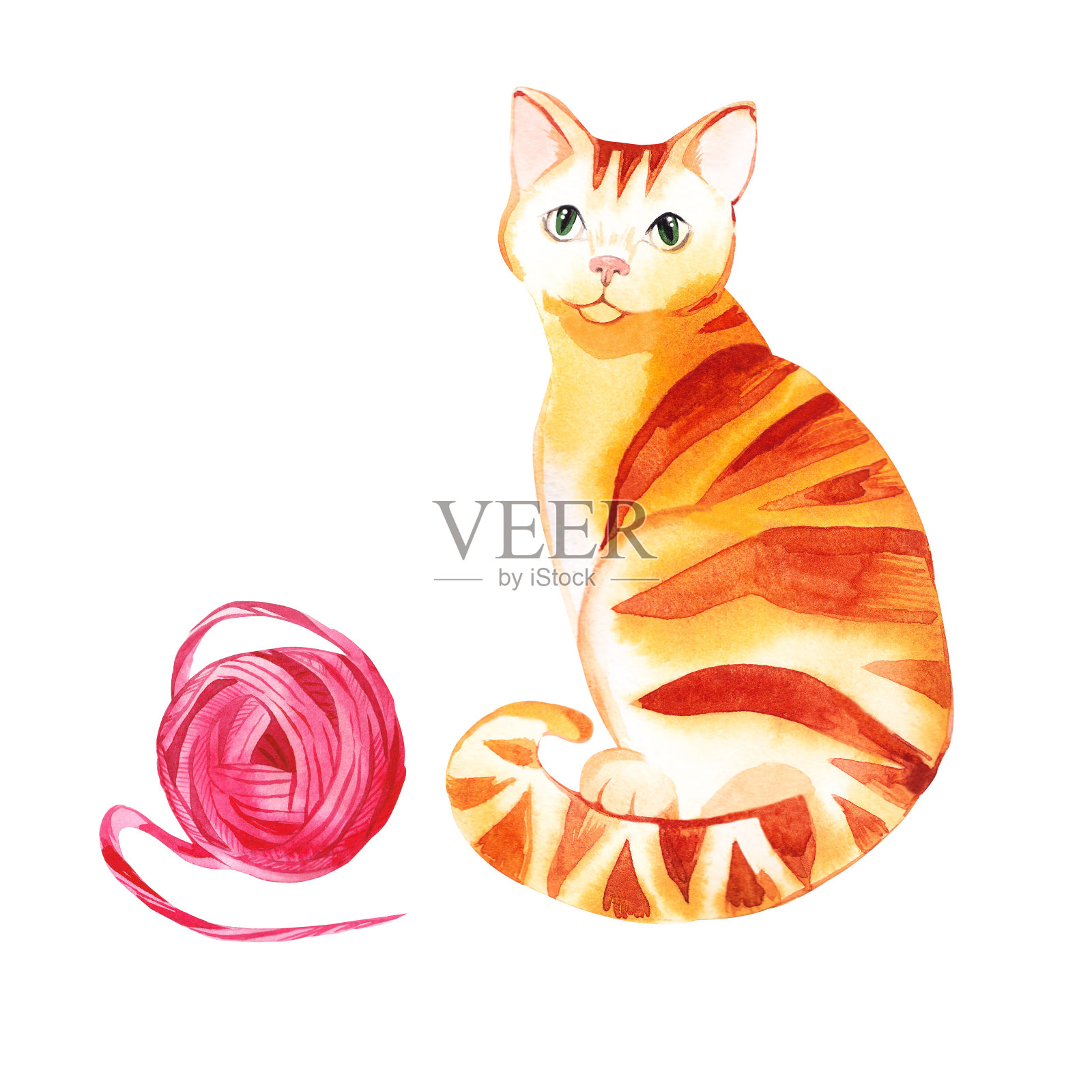 红色的猫，绿眼睛上有条纹，身上有一团粉红色的毛。水彩插图。所有的物体都是手绘的水彩画。适合印刷在书籍、请柬、明信片上插画图片素材