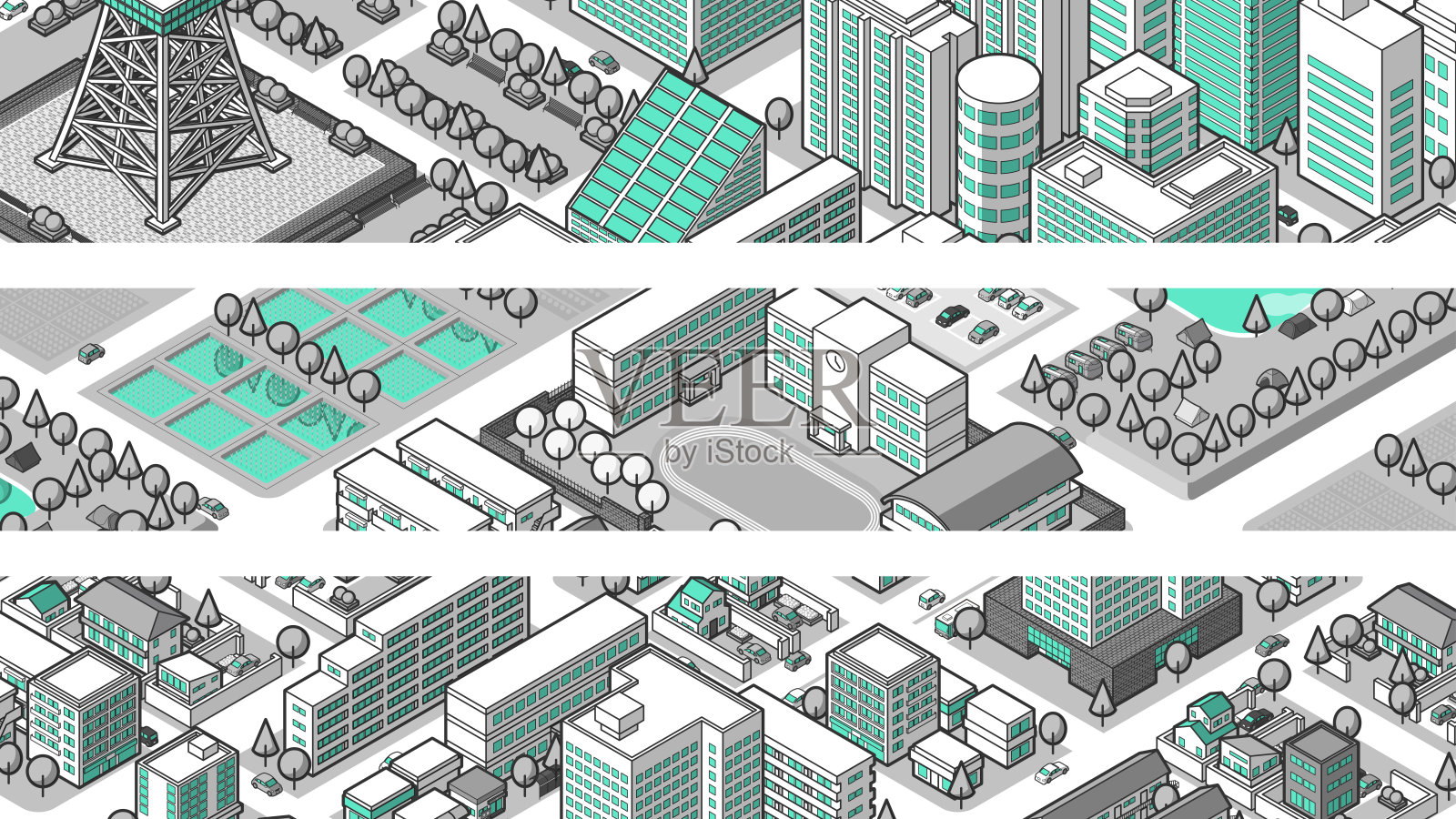 从鸟瞰图中看到的三维城市景观矢量插图插画图片素材