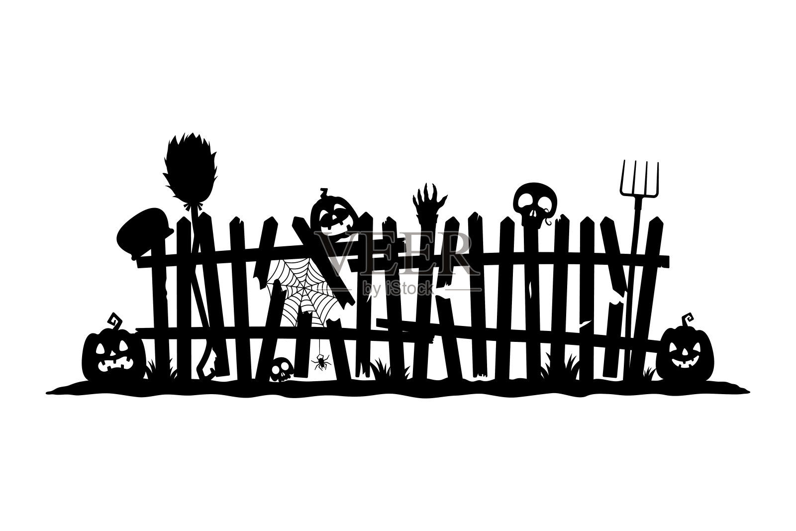 万圣节的栅栏。黑色的轮廓。水平前视图。矢量简单的平面图形说明。白色背景上孤立的物体。隔离。插画图片素材