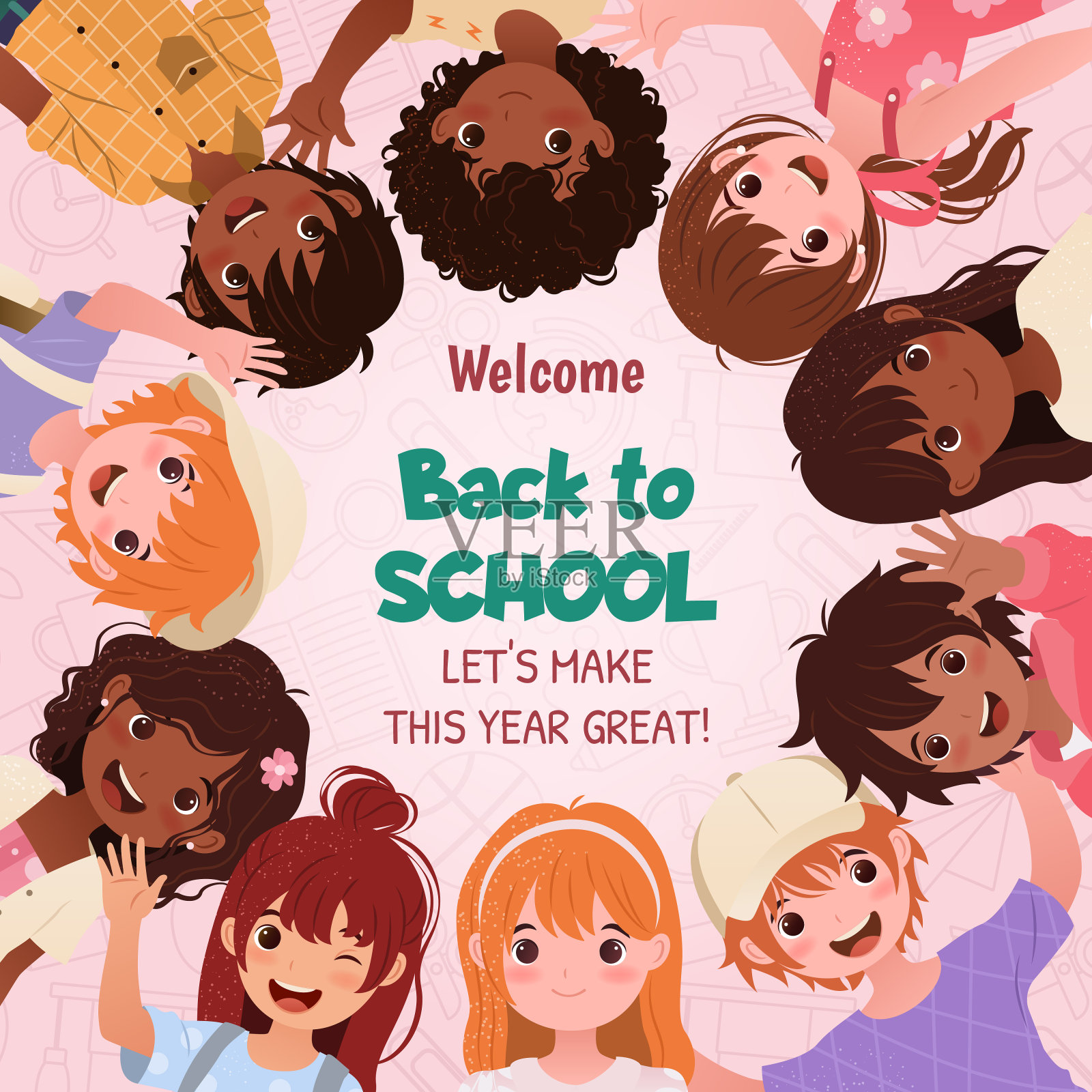 带着卡通孩子的返校横幅插画图片素材