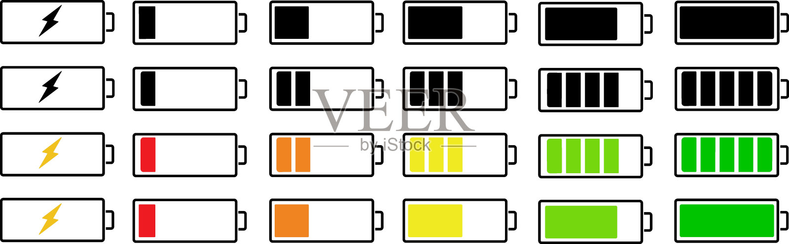 电池图标收集。充电点指示灯设置。电荷指示器矢量图。插画图片素材