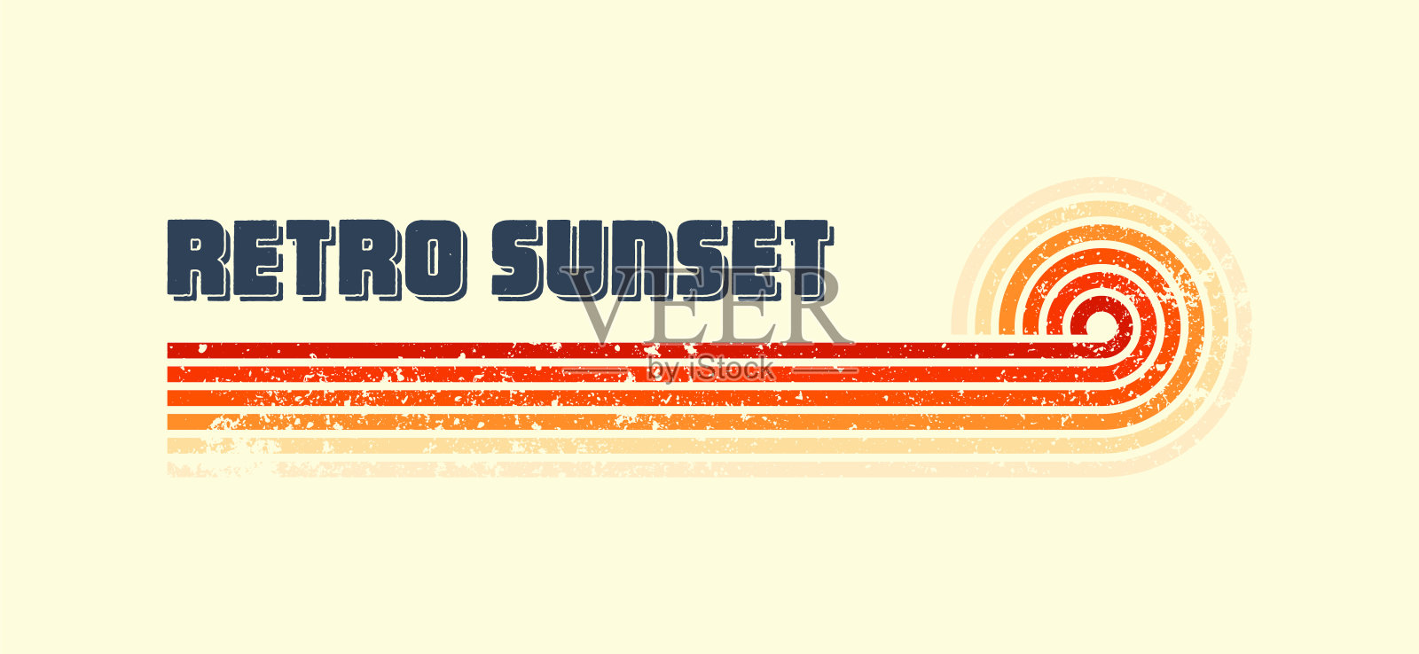 Grunge水平复古日落。各种八九十年代风格的彩色条纹日出徽章。阳光和海景，夏日氛围，冲浪。设计元素，印花，标志或t恤。矢量图插画图片素材
