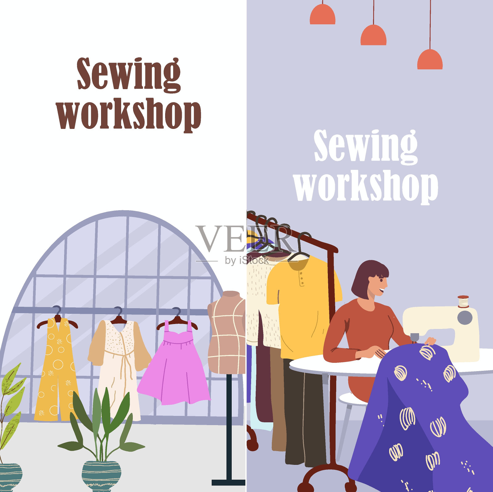 竖条幅缝纫车间，定制剪裁，小型企业。手绘。插画图片素材