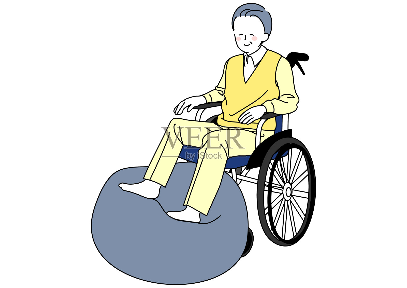 坐在轮椅上的老人正在用平衡球进行康复插画图片素材
