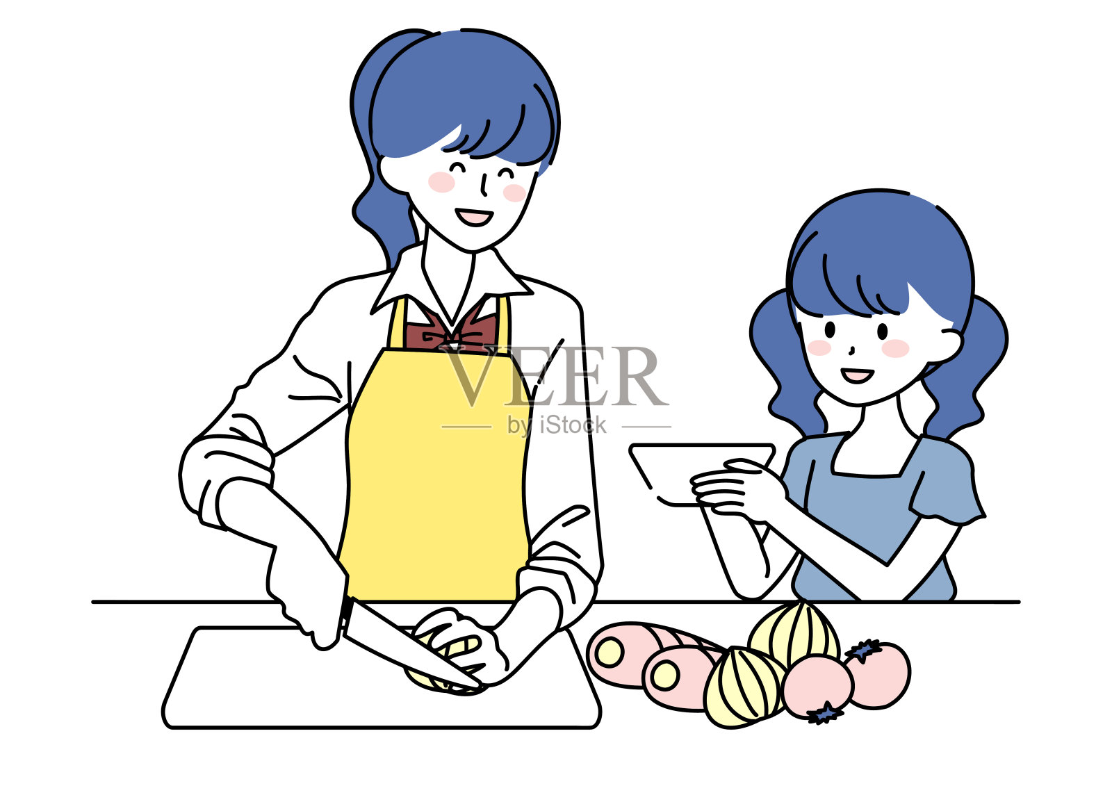 高中女生做饭插画图片素材