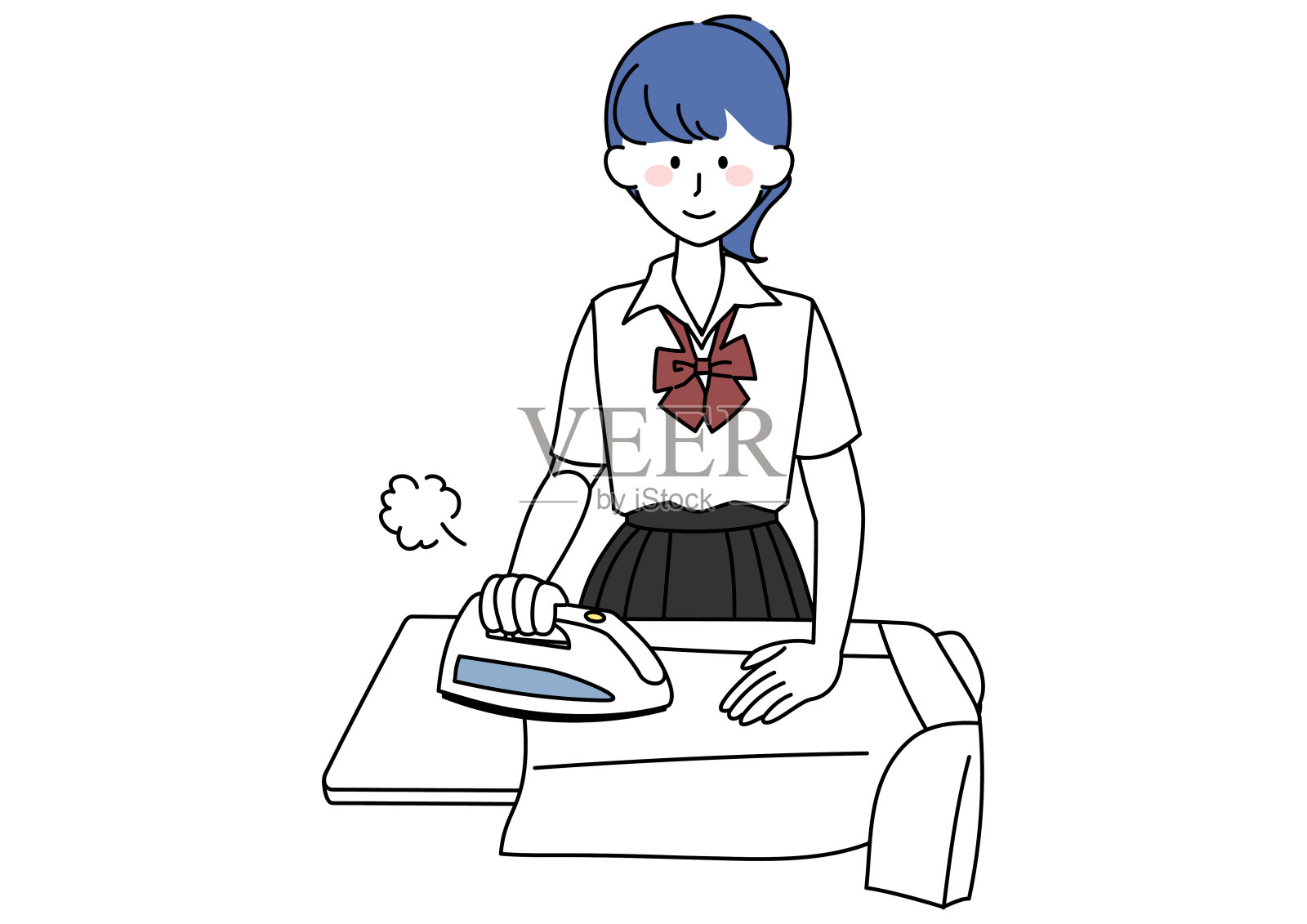 高中女生熨衣服插画图片素材