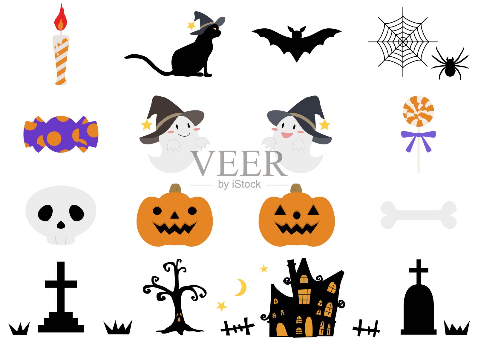 万圣节剪贴画套装，万圣节装饰材料插画图片素材
